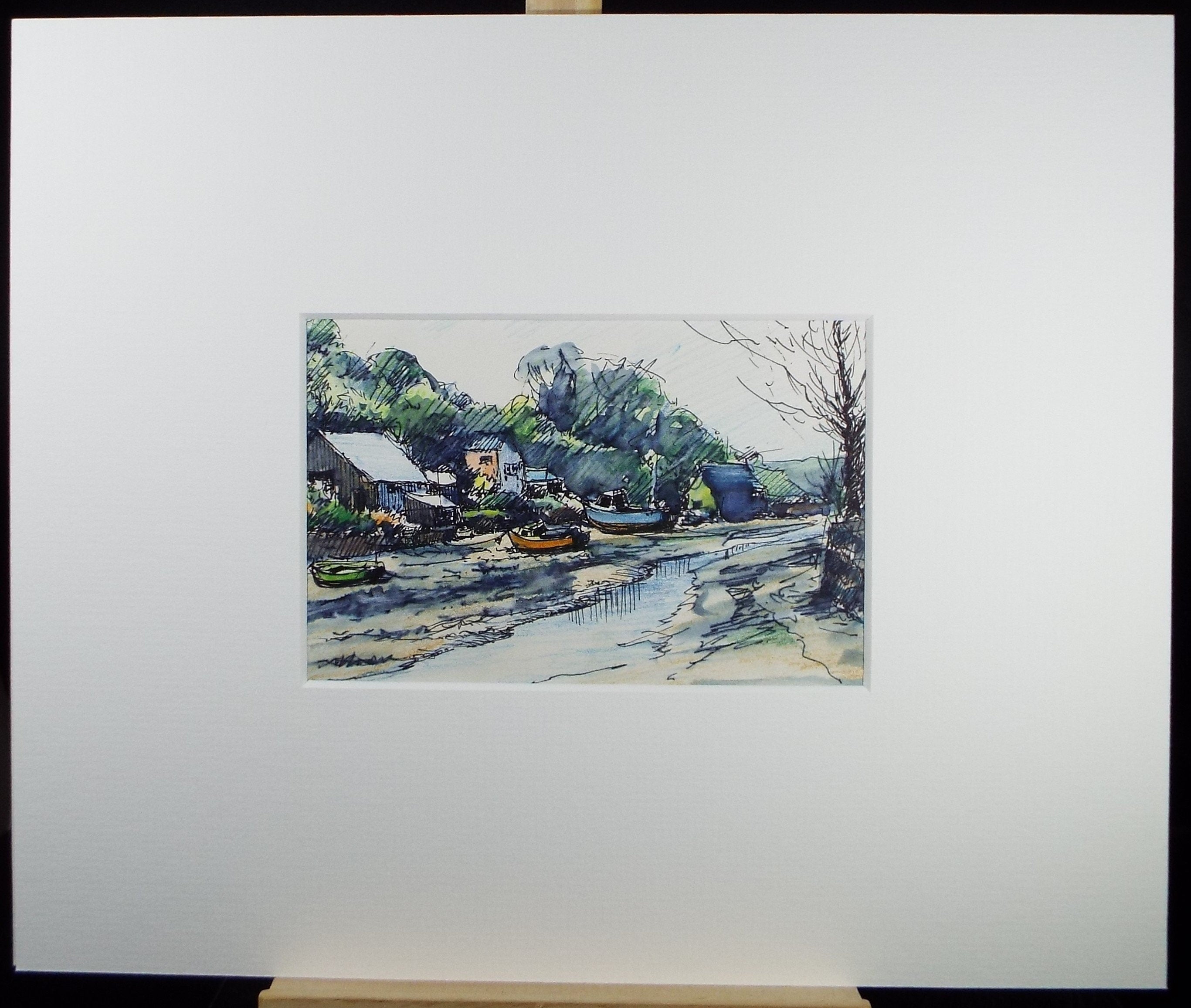 Original Pen & watercolour Drawing ,'Creek at low tide', Circa 1980's, Artist Unknown