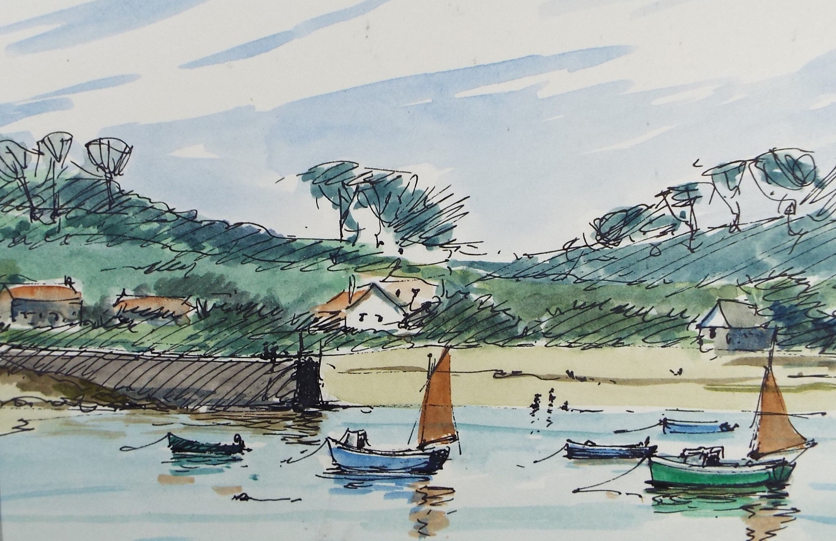 Original Watercolour Drawing ,'Moored Boats', Circa 1980's, Artist Unknown