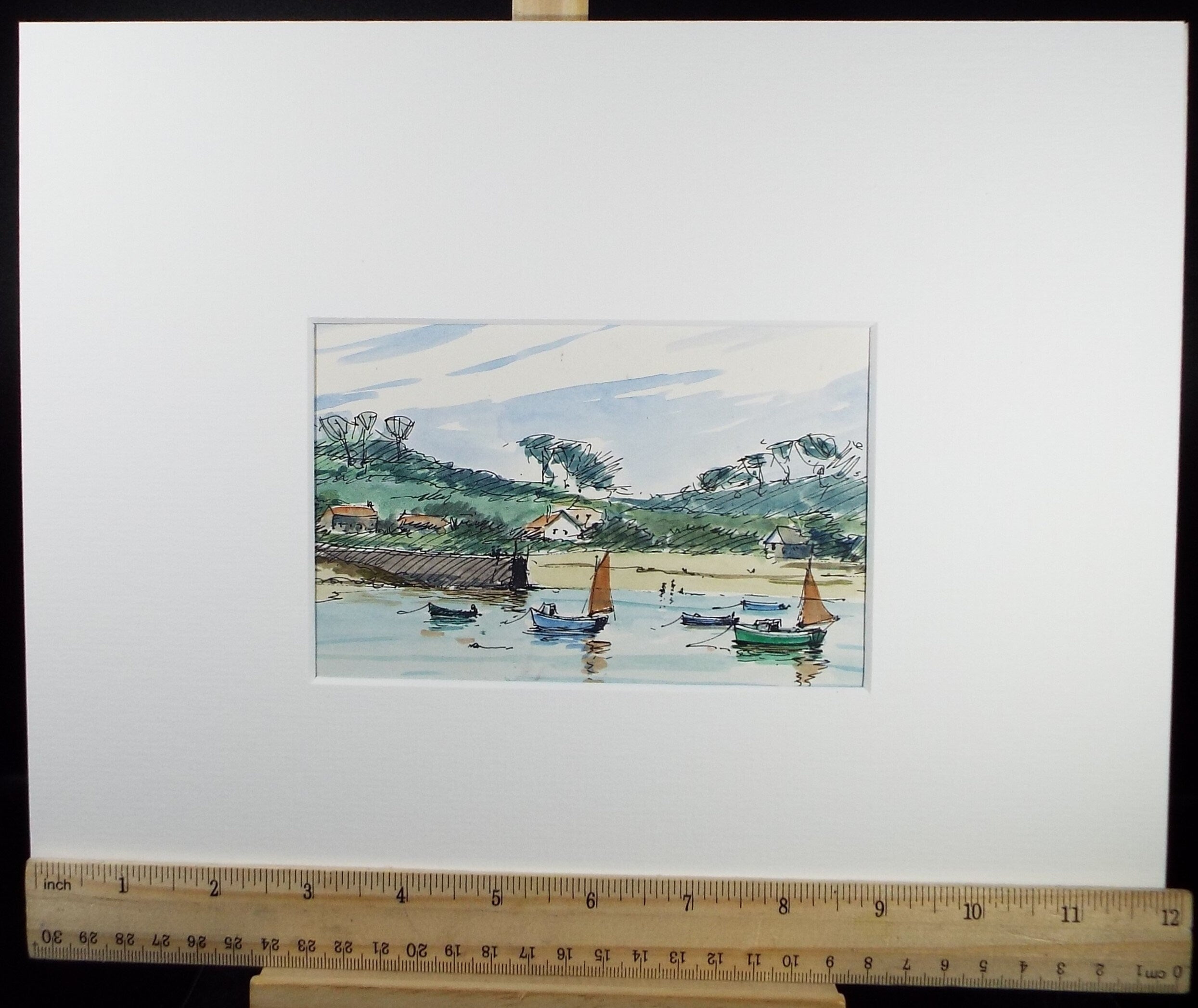 Original Watercolour Drawing ,'Moored Boats', Circa 1980's, Artist Unknown