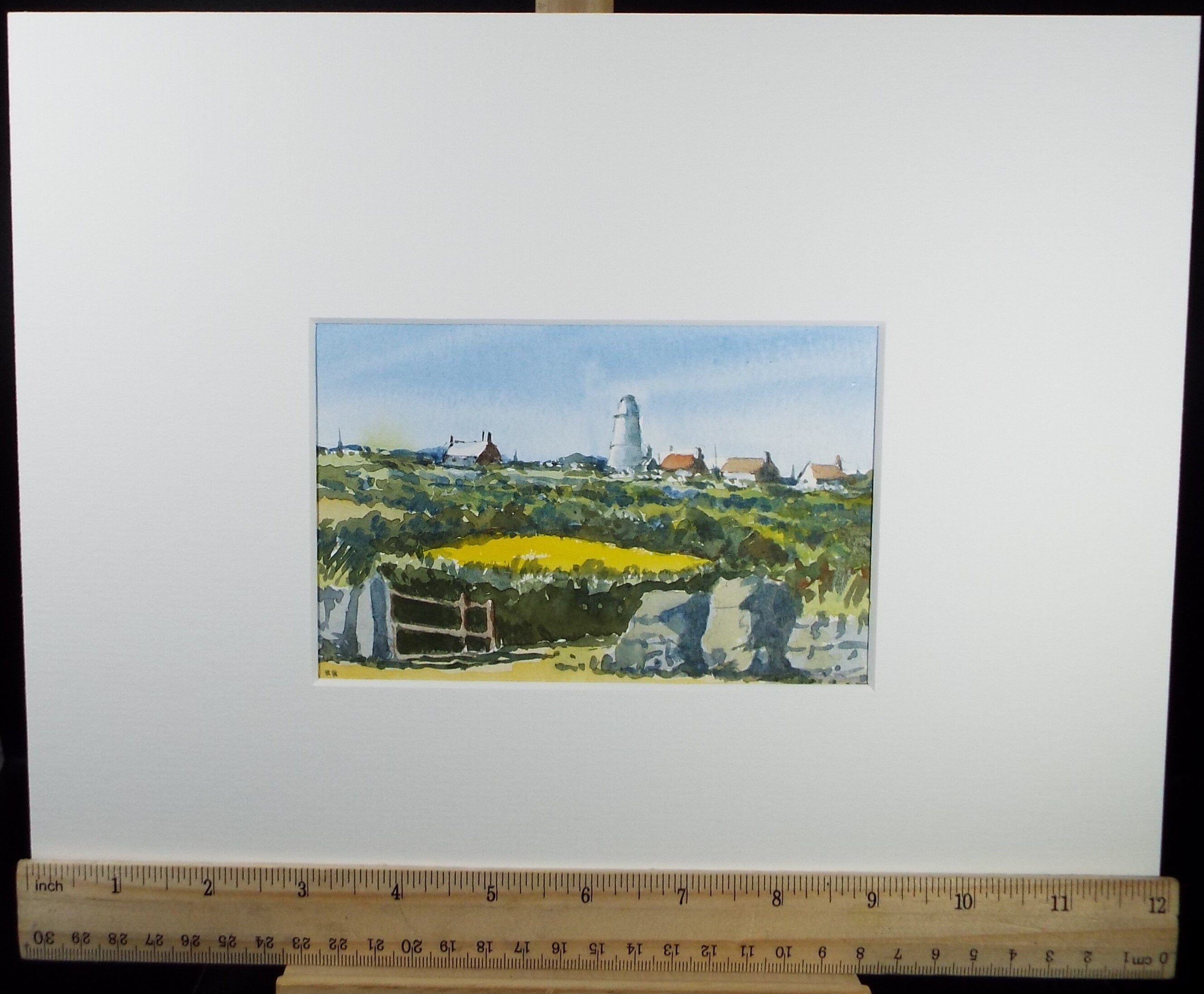 Original Watercolour Drawing, 'Village with Windmill', c1980's, Artist Unknown