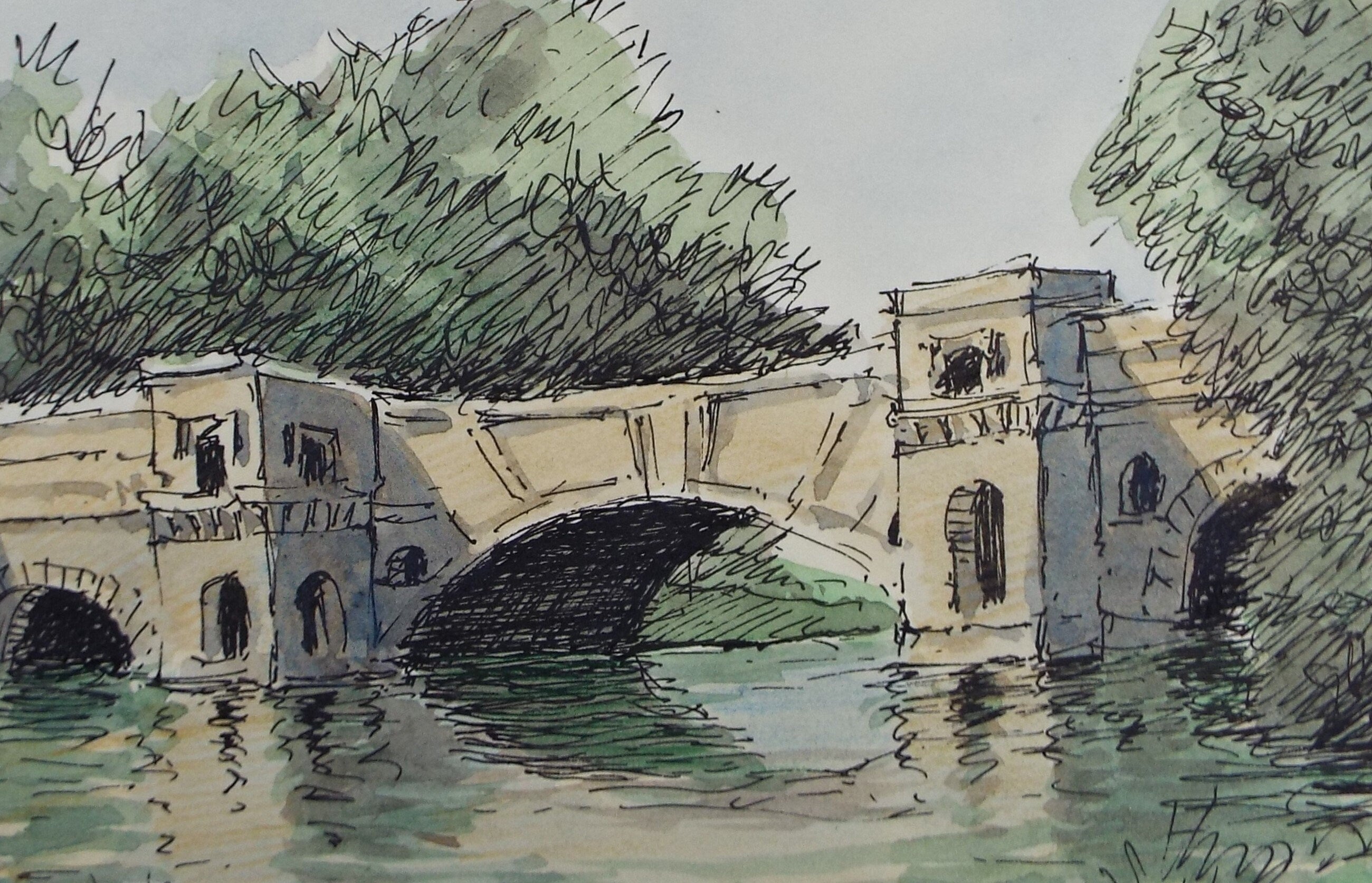 Original Watercolour, 'Stone Bridge Over the Lake', c1980's, Unknown Artist