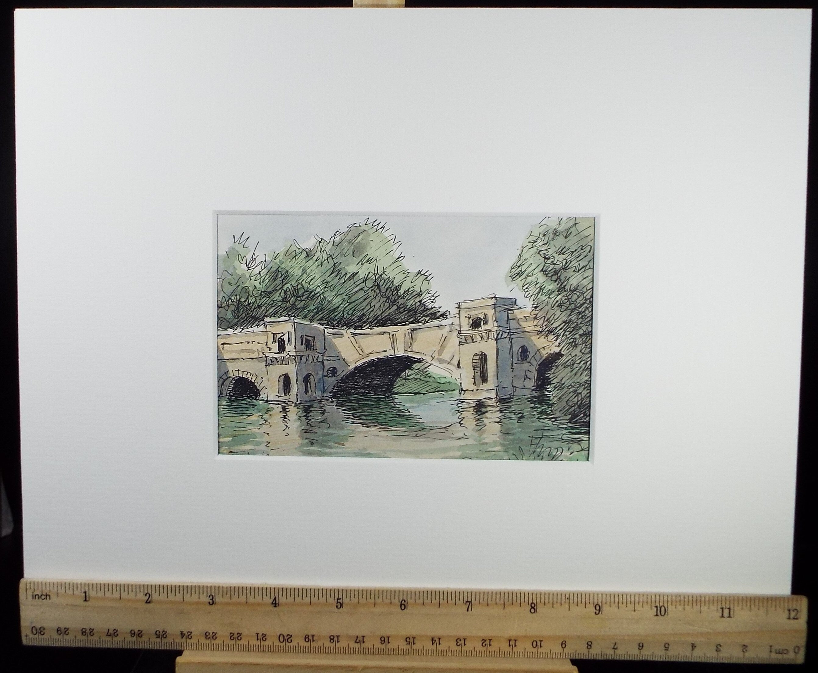 Original Watercolour, 'Stone Bridge Over the Lake', c1980's, Unknown Artist