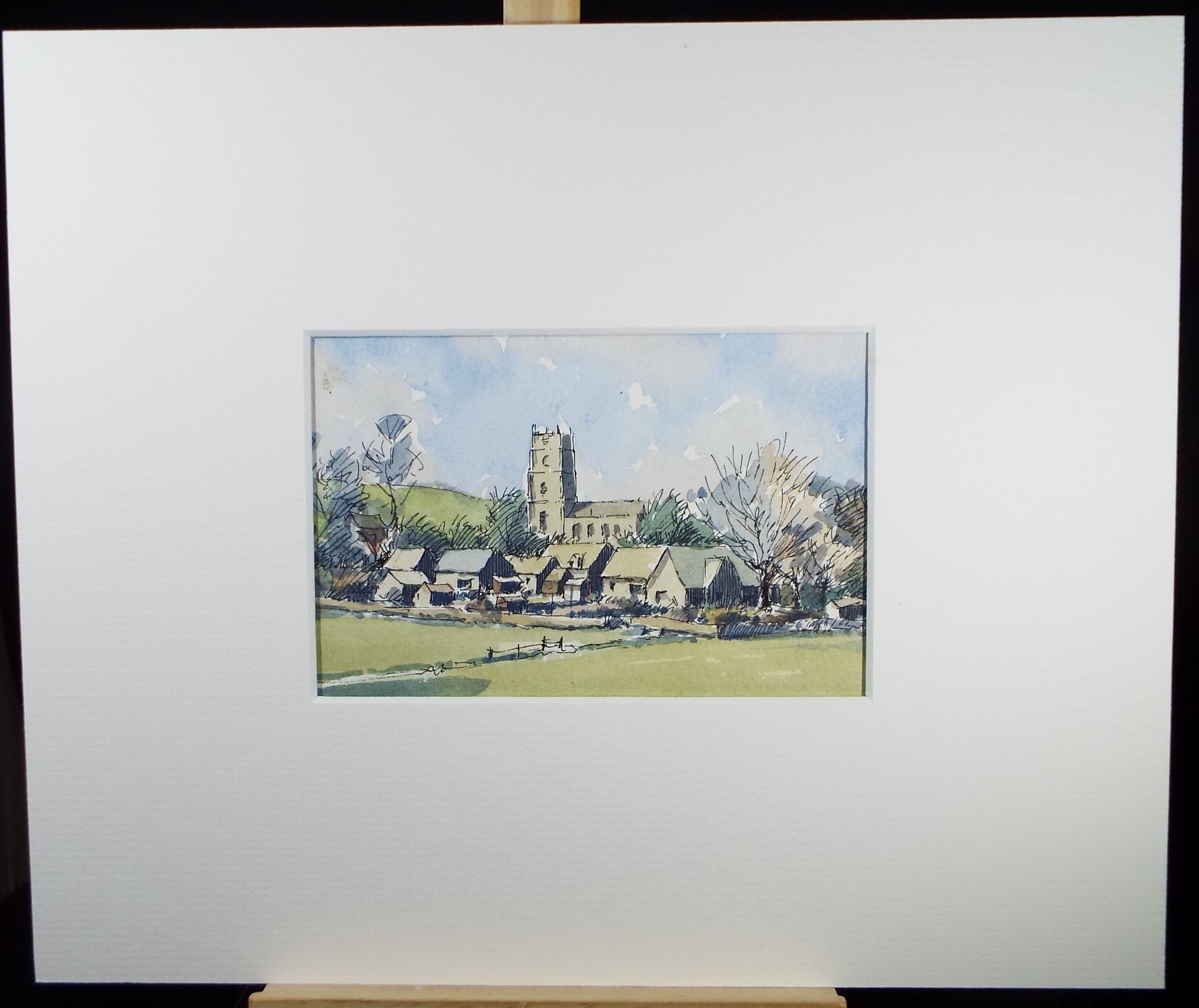 Original Watercolour Drawing, 'Rural Village with Church', c1980's, Artist Unknown