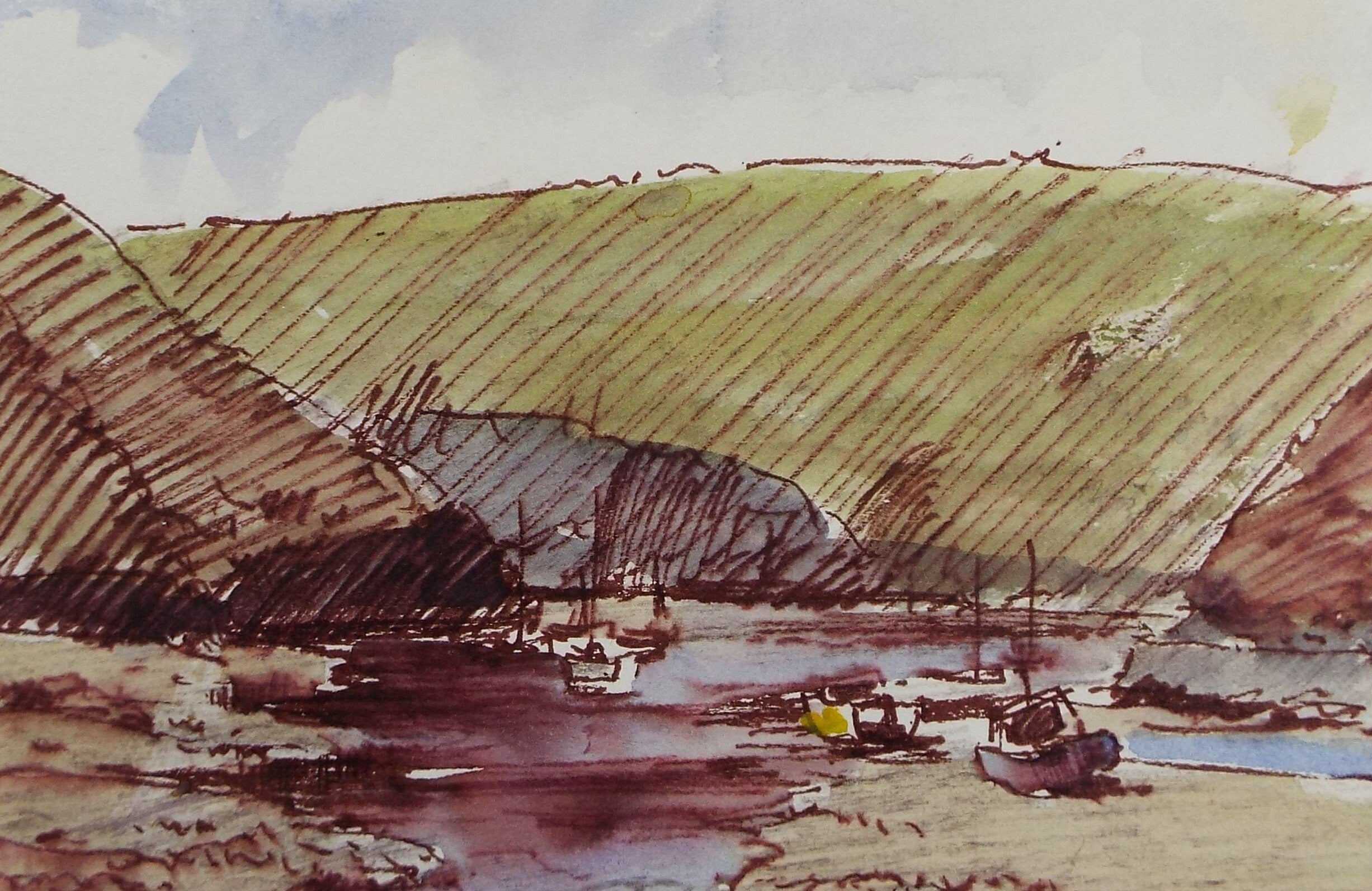 Original Pen & watercolour Drawing ,'River Estuary', Circa 1980's, Artist Unknown