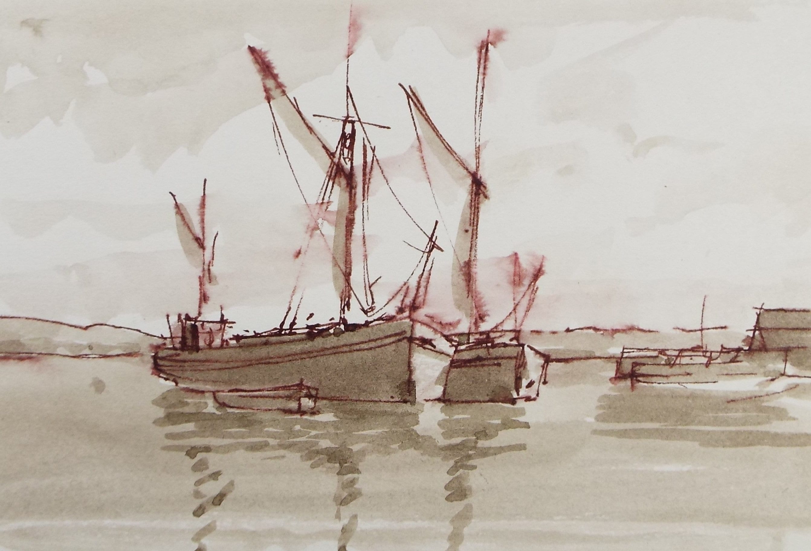 Original Watercolour Drawing ,'Moored Fishing Boats', Circa 1980's, Artist Unknown