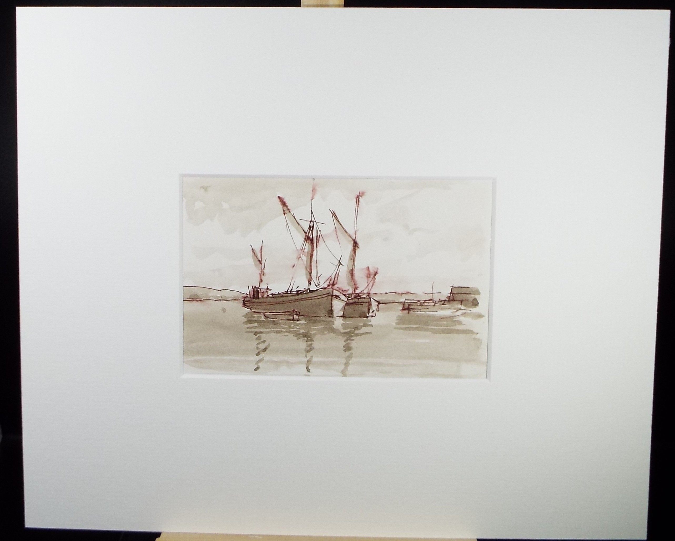 Original Watercolour Drawing ,'Moored Fishing Boats', Circa 1980's, Artist Unknown