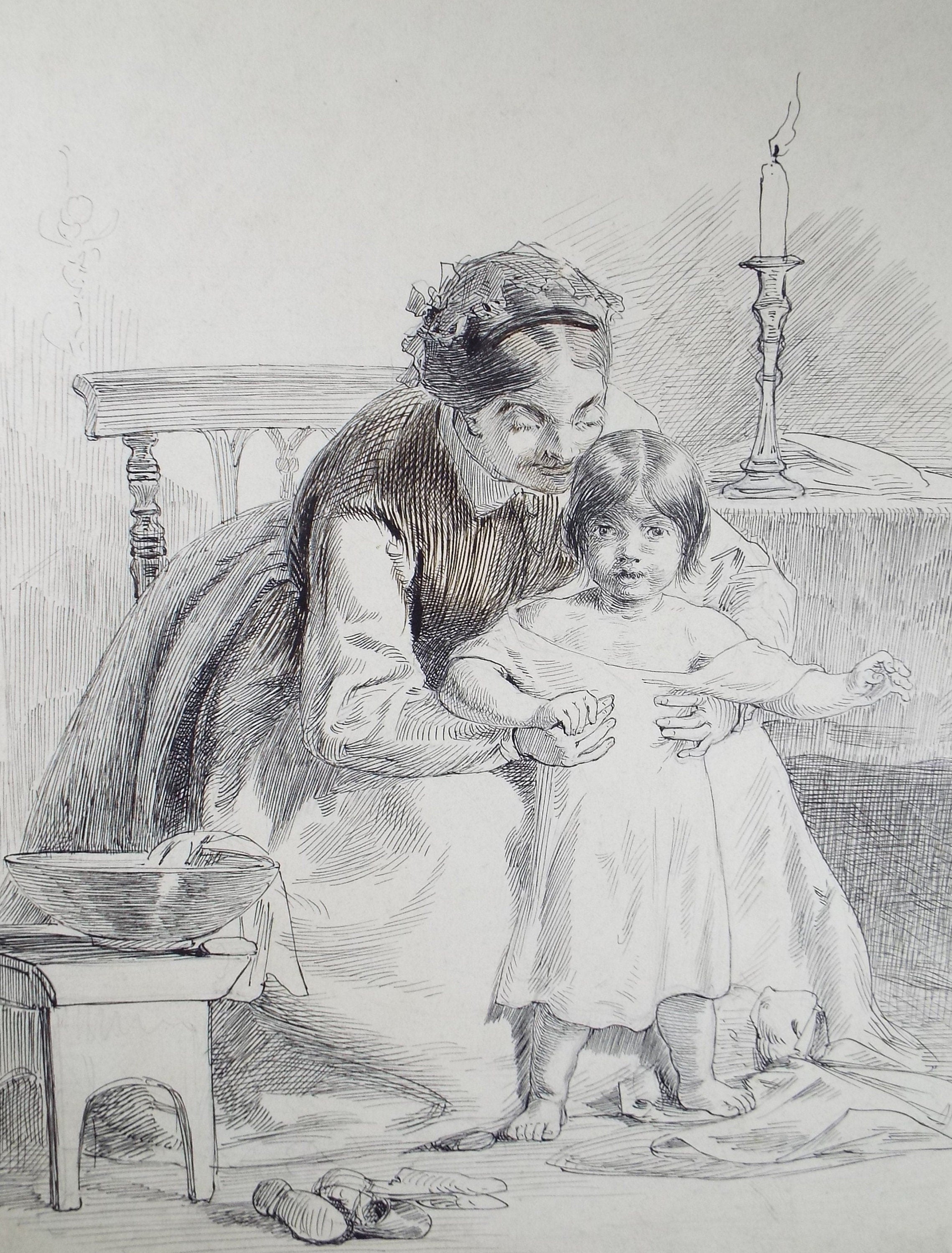 Original Pen & ink Drawing,'Mother and Child', John Wood (1801-1870)