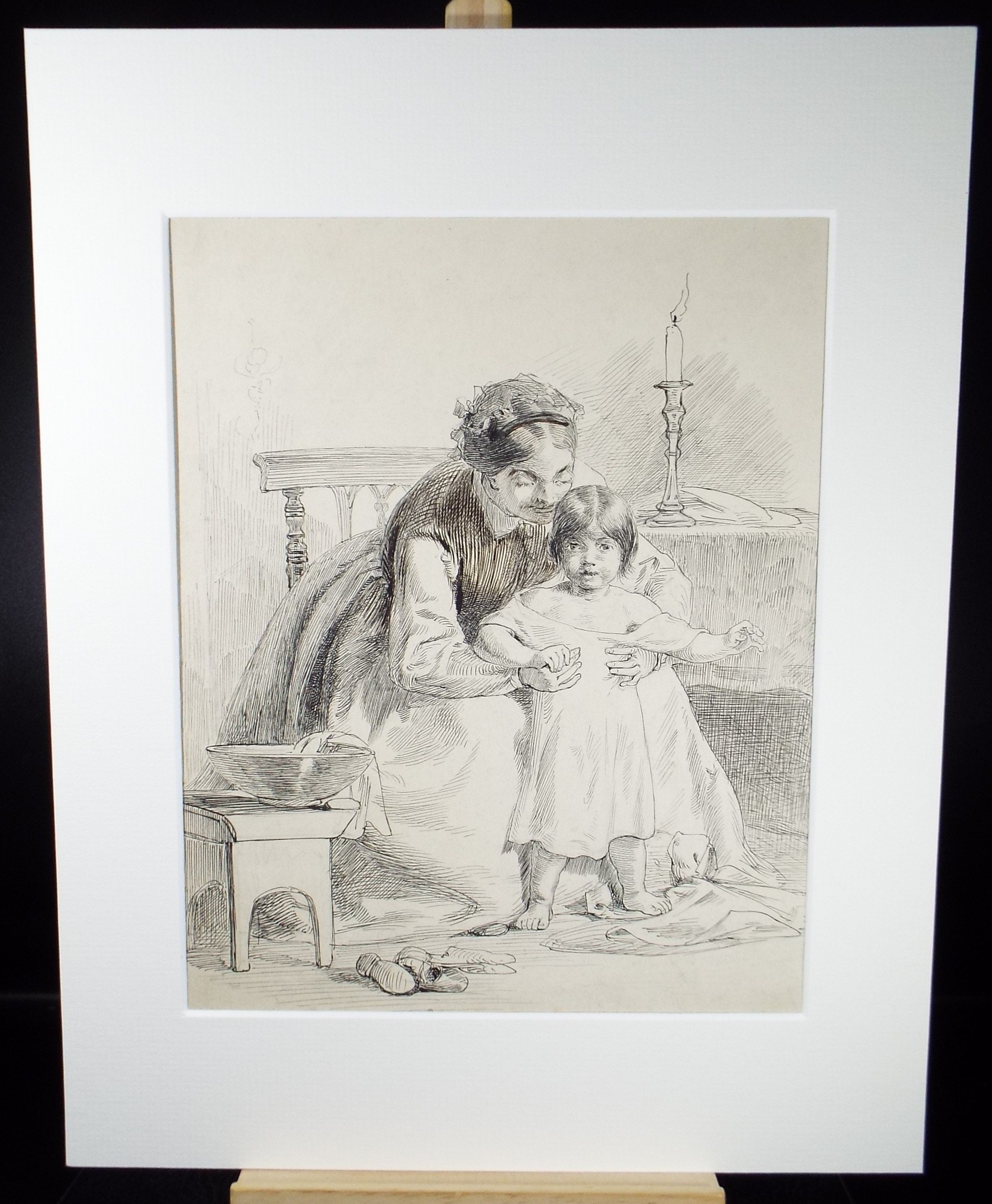 Original Pen & ink Drawing,'Mother and Child', John Wood (1801-1870)