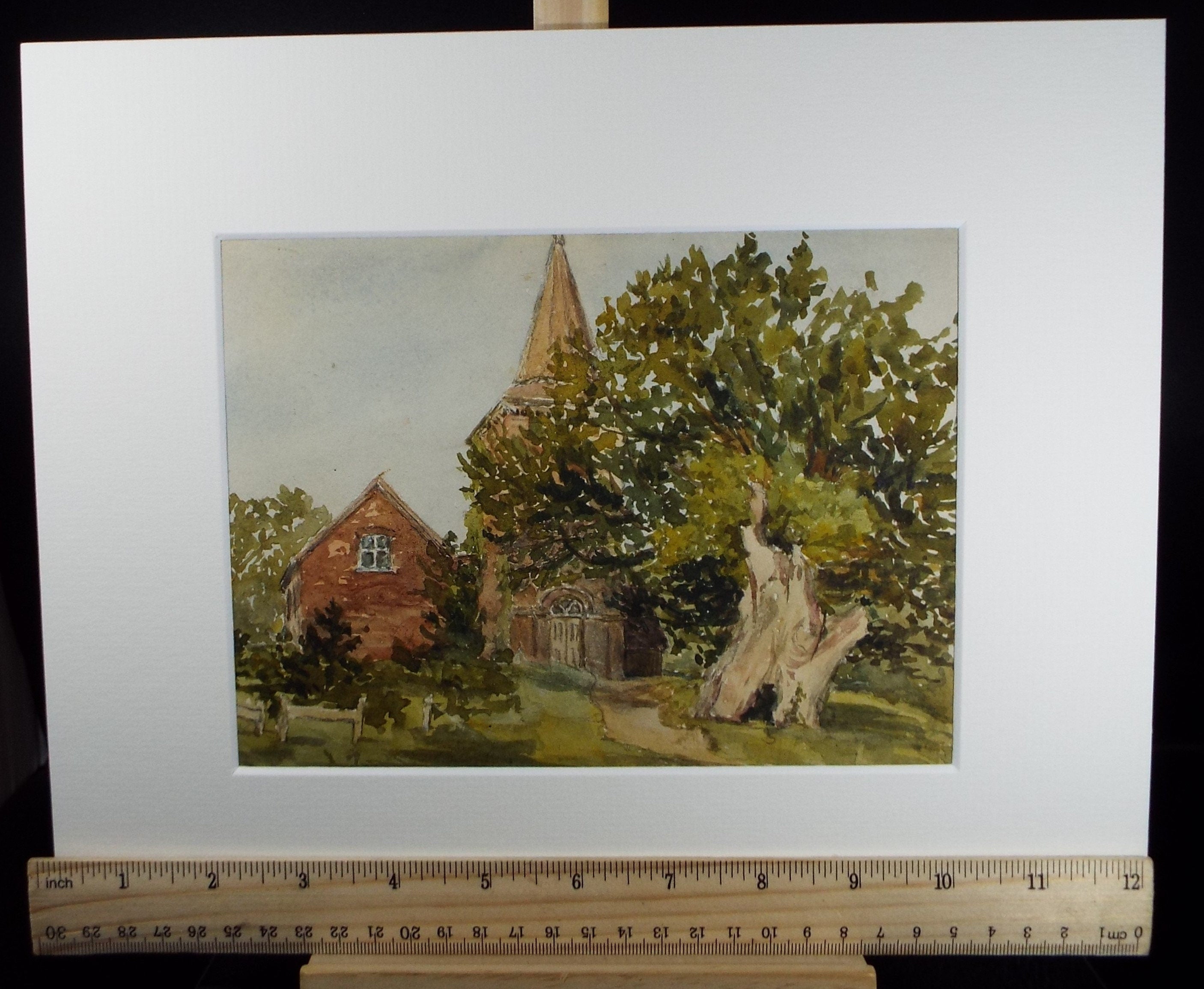 Original Watercolour, 'Green fields church beyond', Late 19th Century