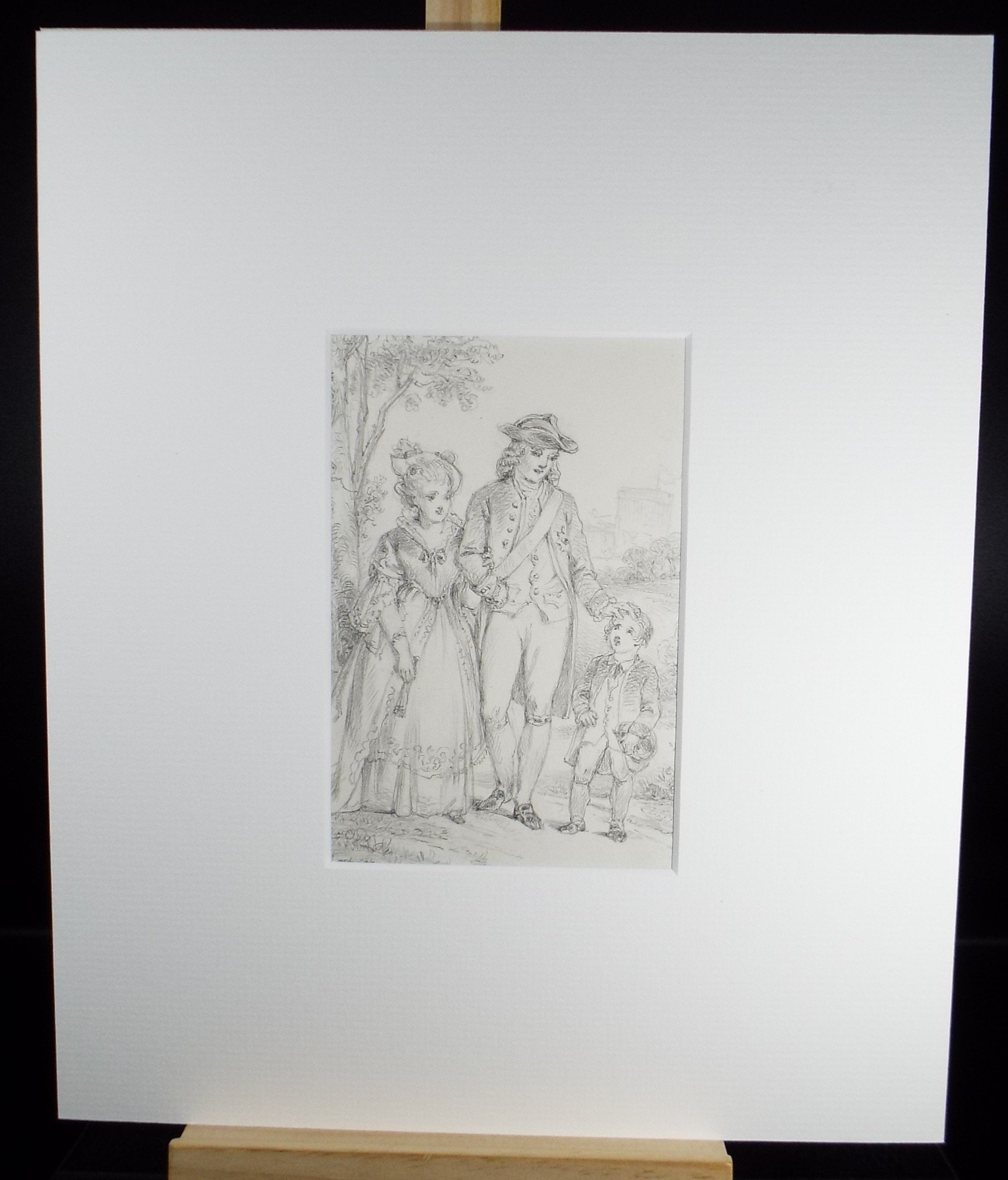 Original Pencil Drawing, 'Parents with Child', John Wood (1801-1870)