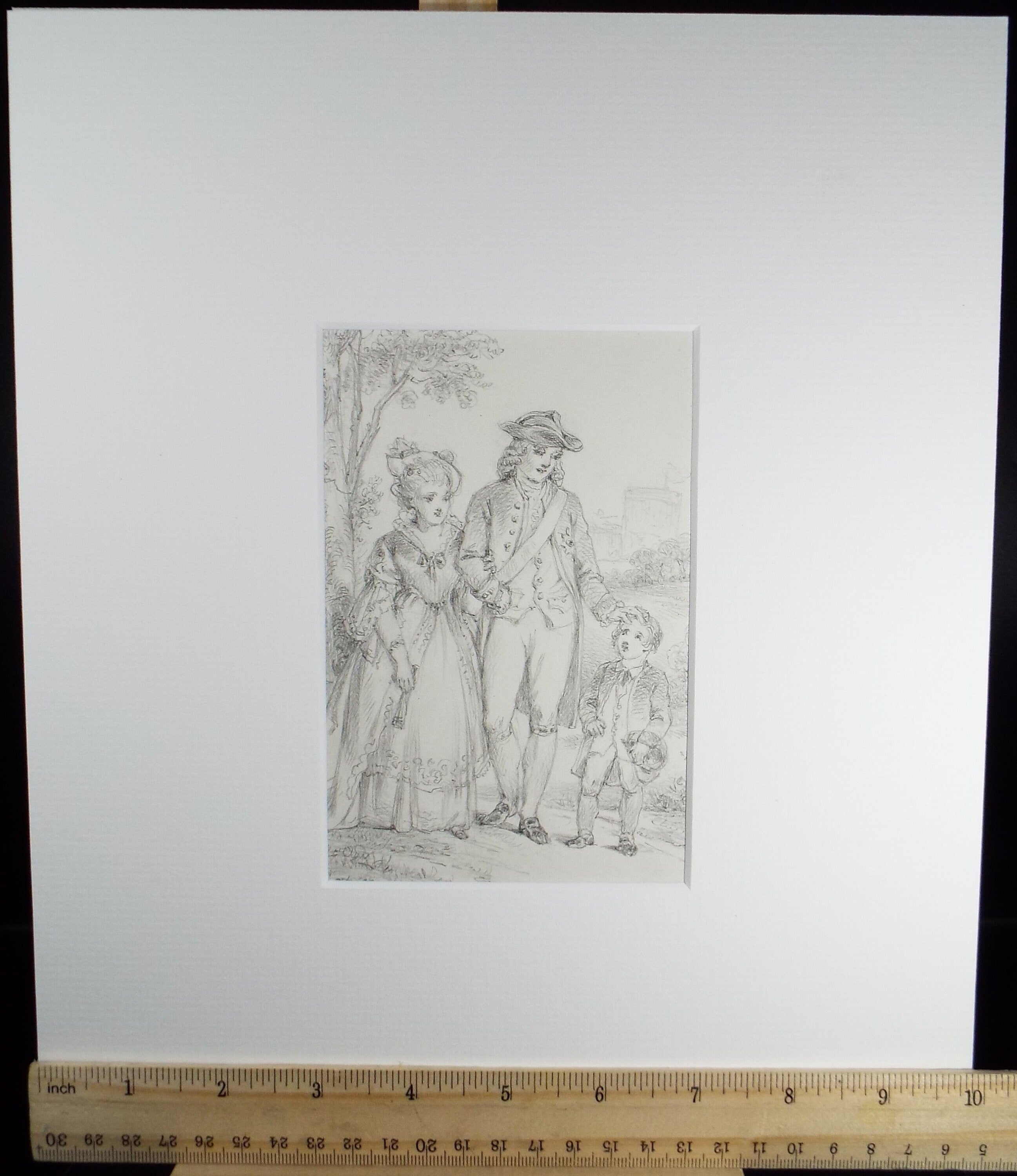 Original Pencil Drawing, 'Parents with Child', John Wood (1801-1870)