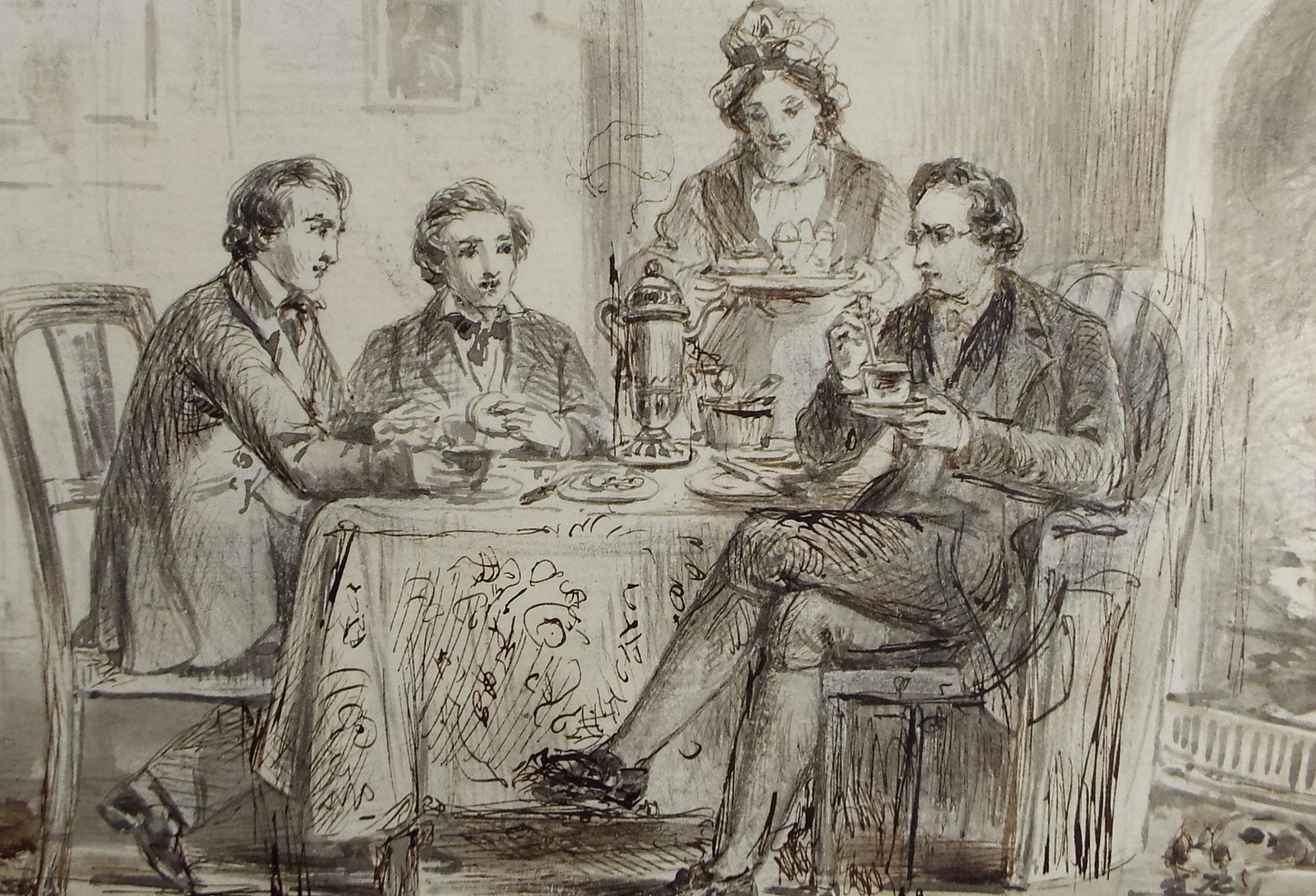 Original Pen & Ink Drawing, 'Discussions over Breakfast', John Wood (1801-1870)