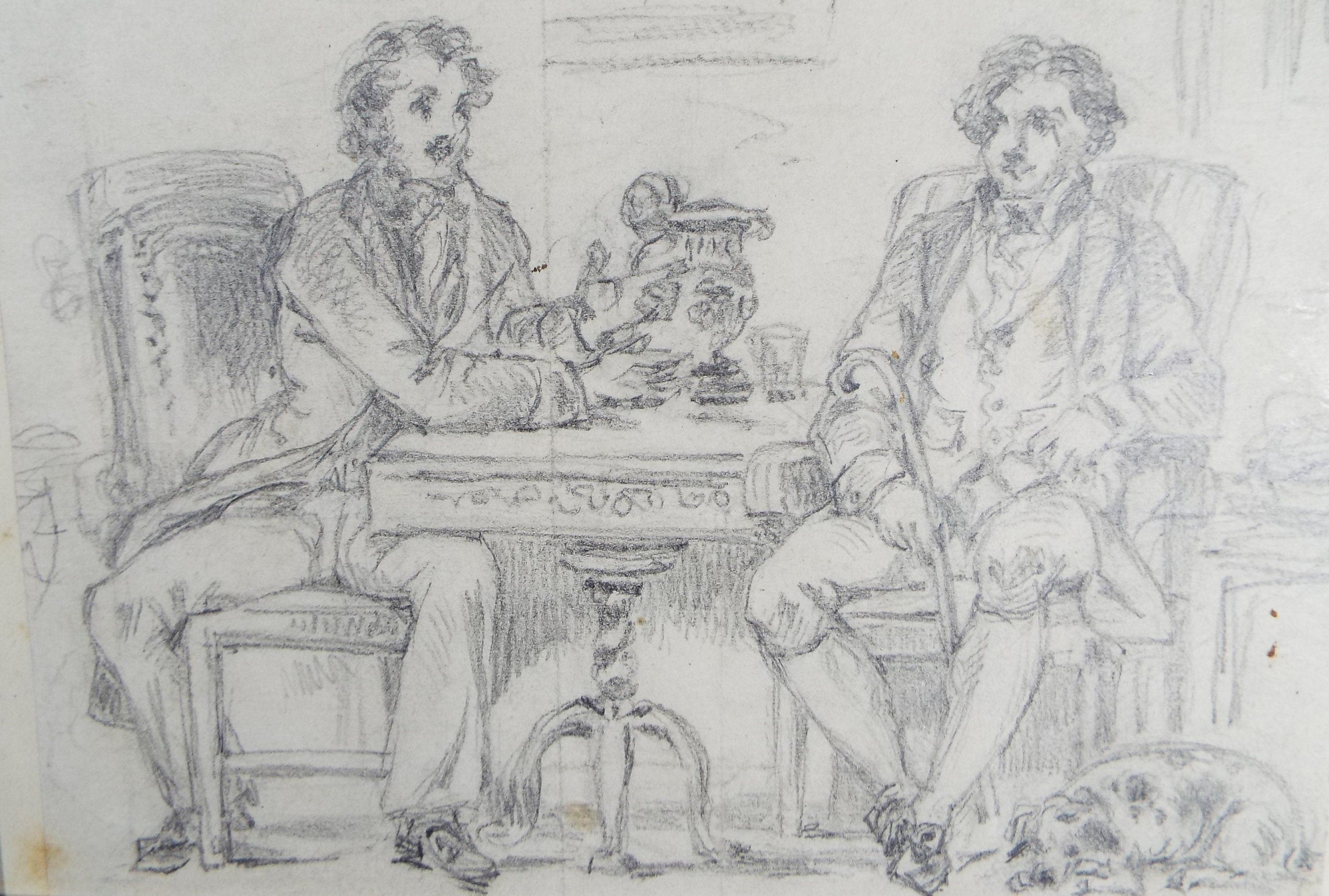 Original Pencil Drawing, 'Figures at a Table', John Wood (1801-1870)