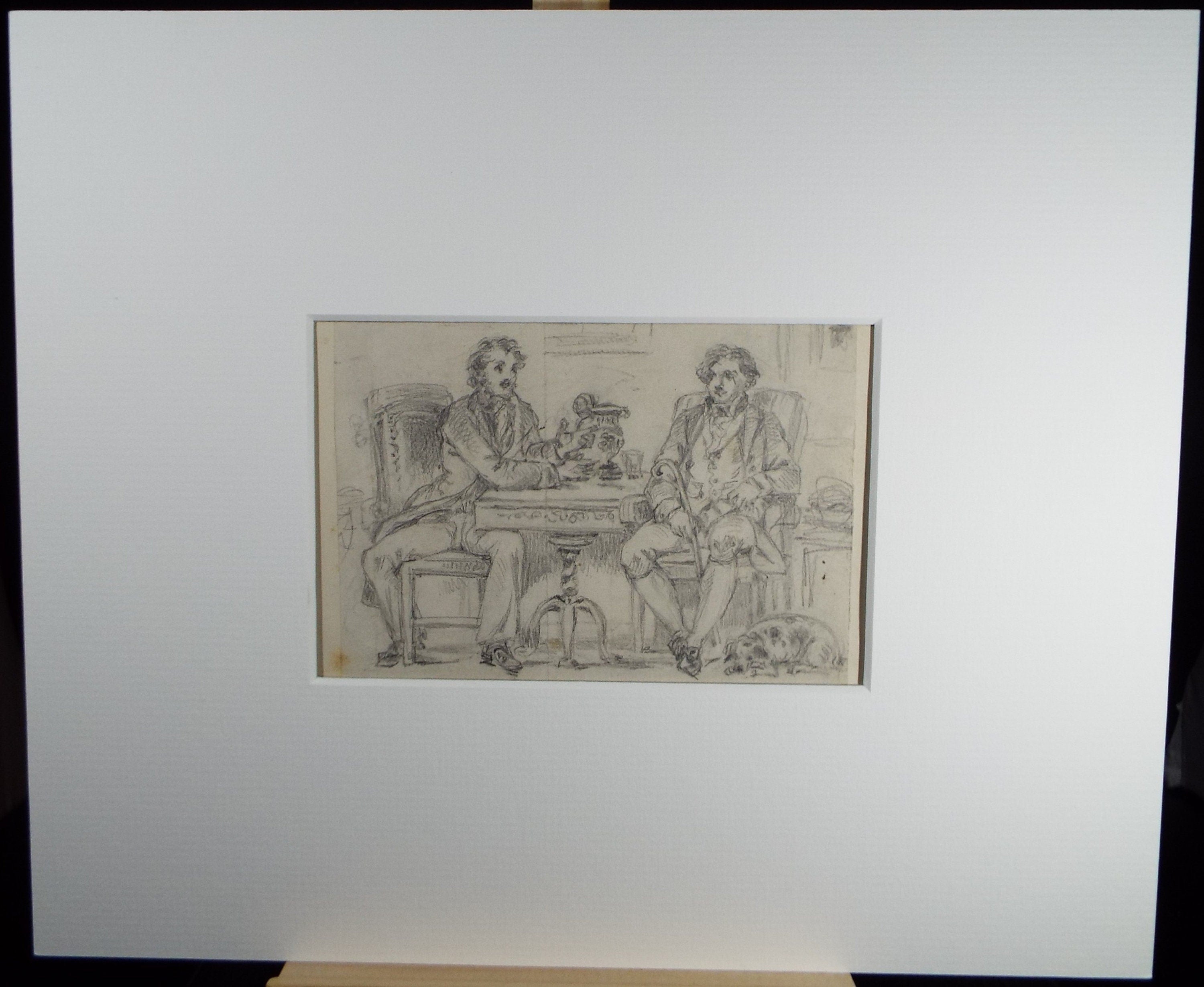 Original Pencil Drawing, 'Figures at a Table', John Wood (1801-1870)