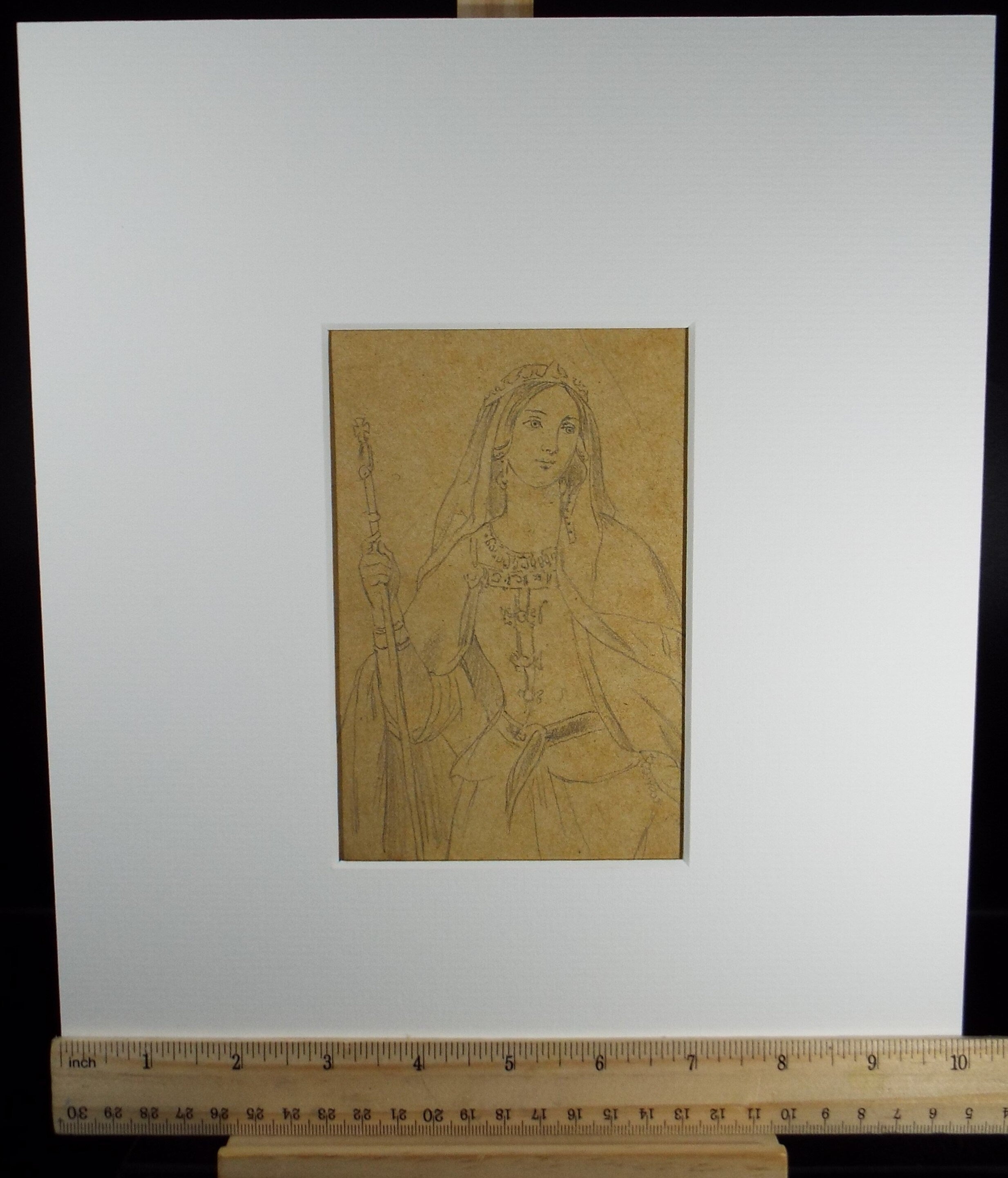 Original pencil Drawing, 'Medieval Queen', John Wood (1801-1870)