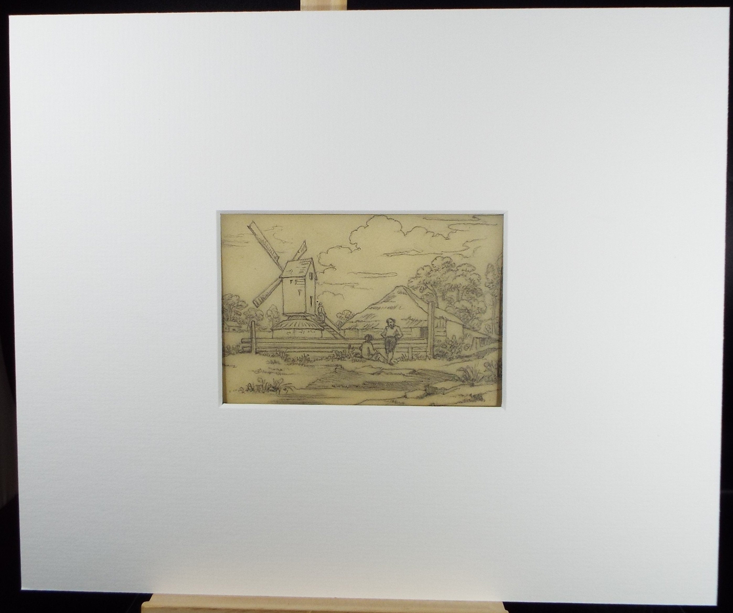 Original Pencil Drawing, 'Figures by a Windmill', John Wood (1801-1870)