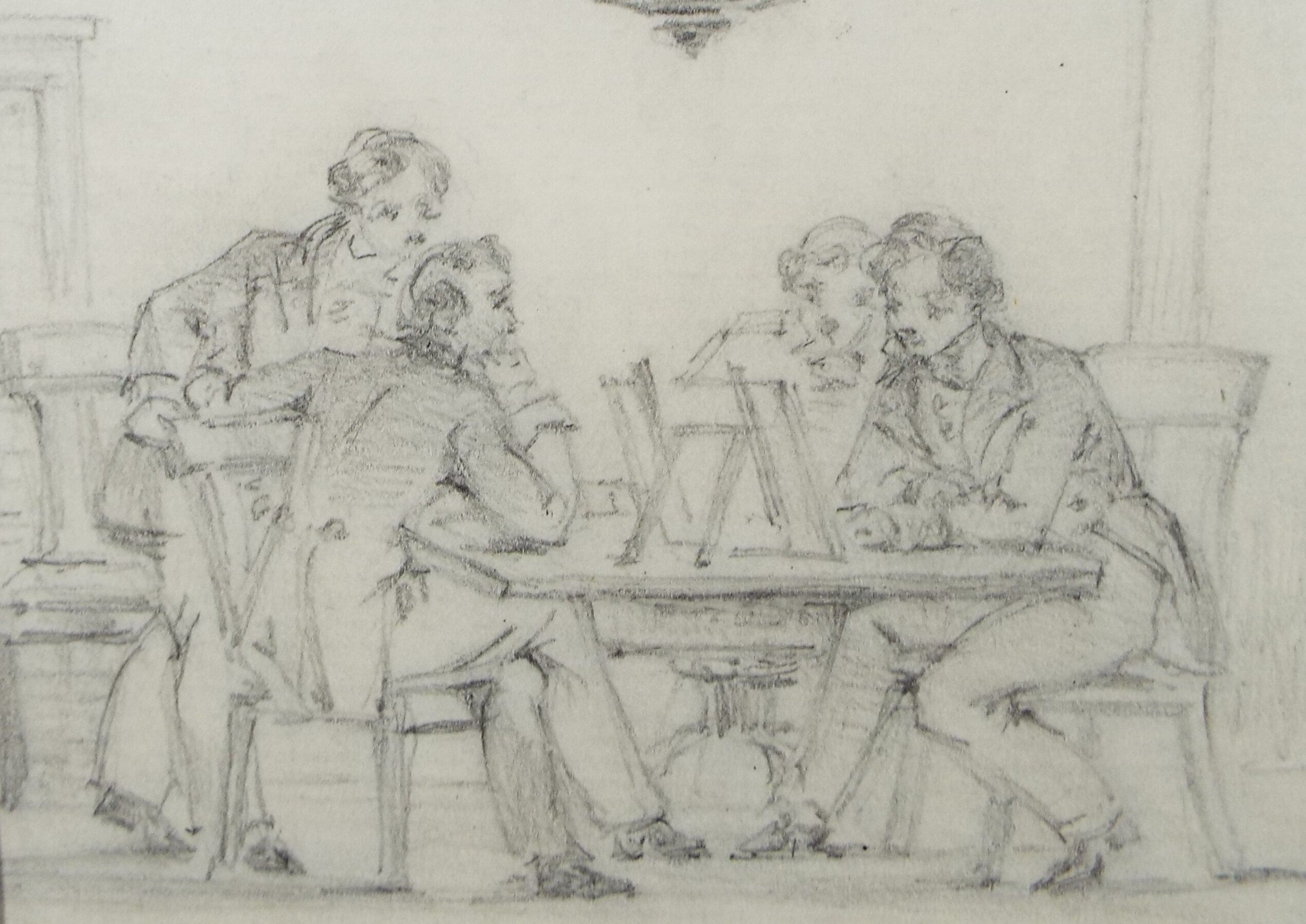 Original Pencil Drawing,'Figures around a Table', John Wood (1801-1870)