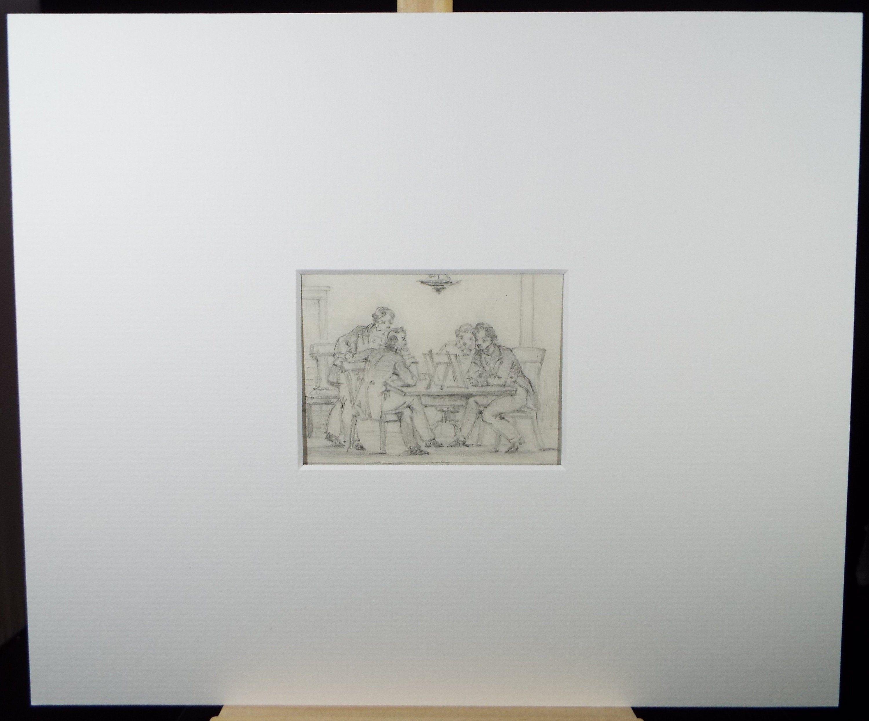 Original Pencil Drawing,'Figures around a Table', John Wood (1801-1870)