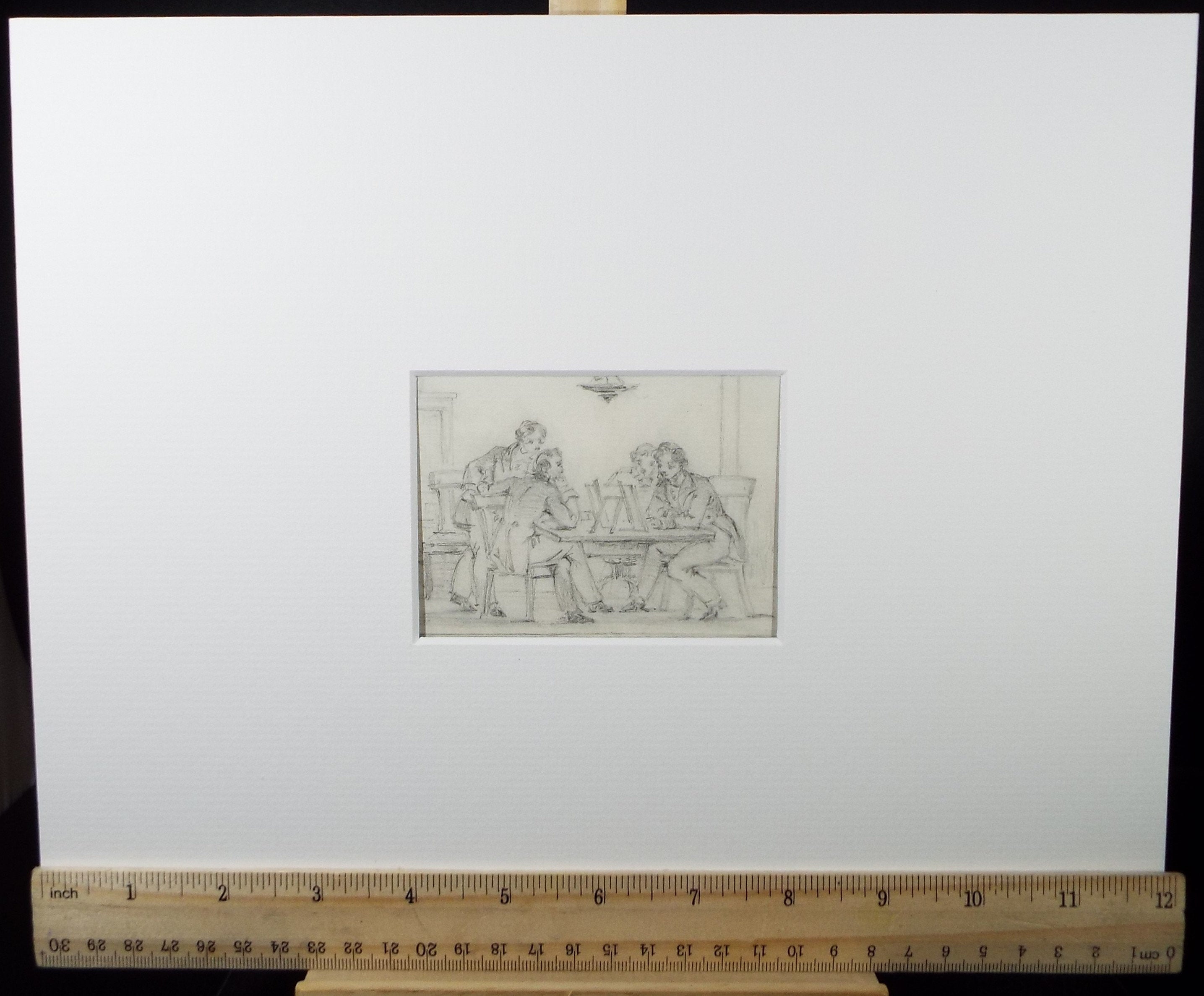 Original Pencil Drawing,'Figures around a Table', John Wood (1801-1870)