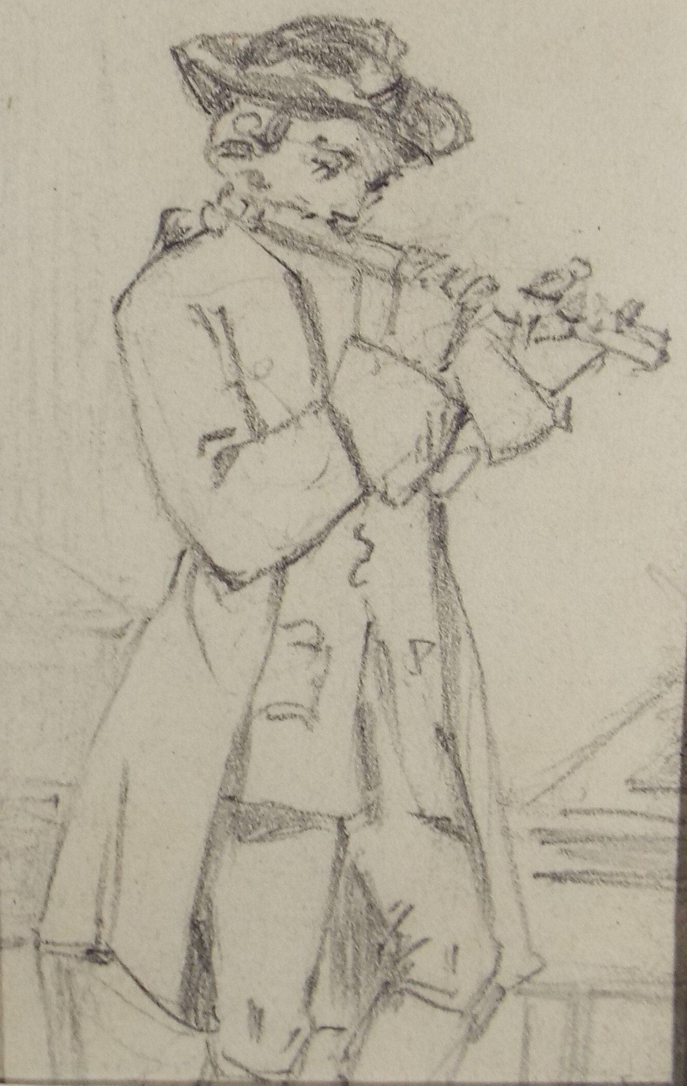 Original Pencil Drawing,'Man playing a flue', John Wood (1801-1870)