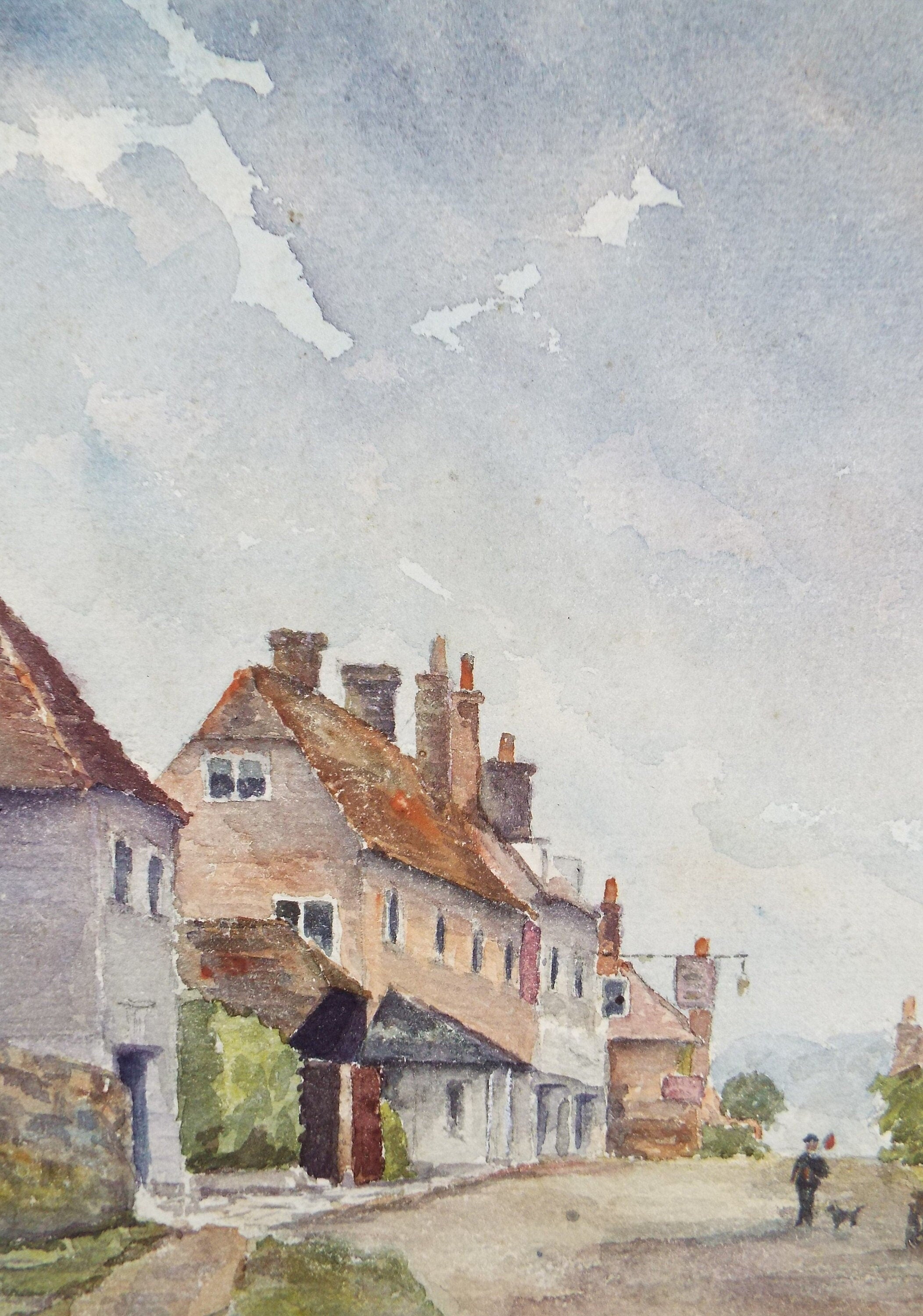 Original Watercolour on Paper,'Street with Figure and Dog', Early 20th Century, artist unknown