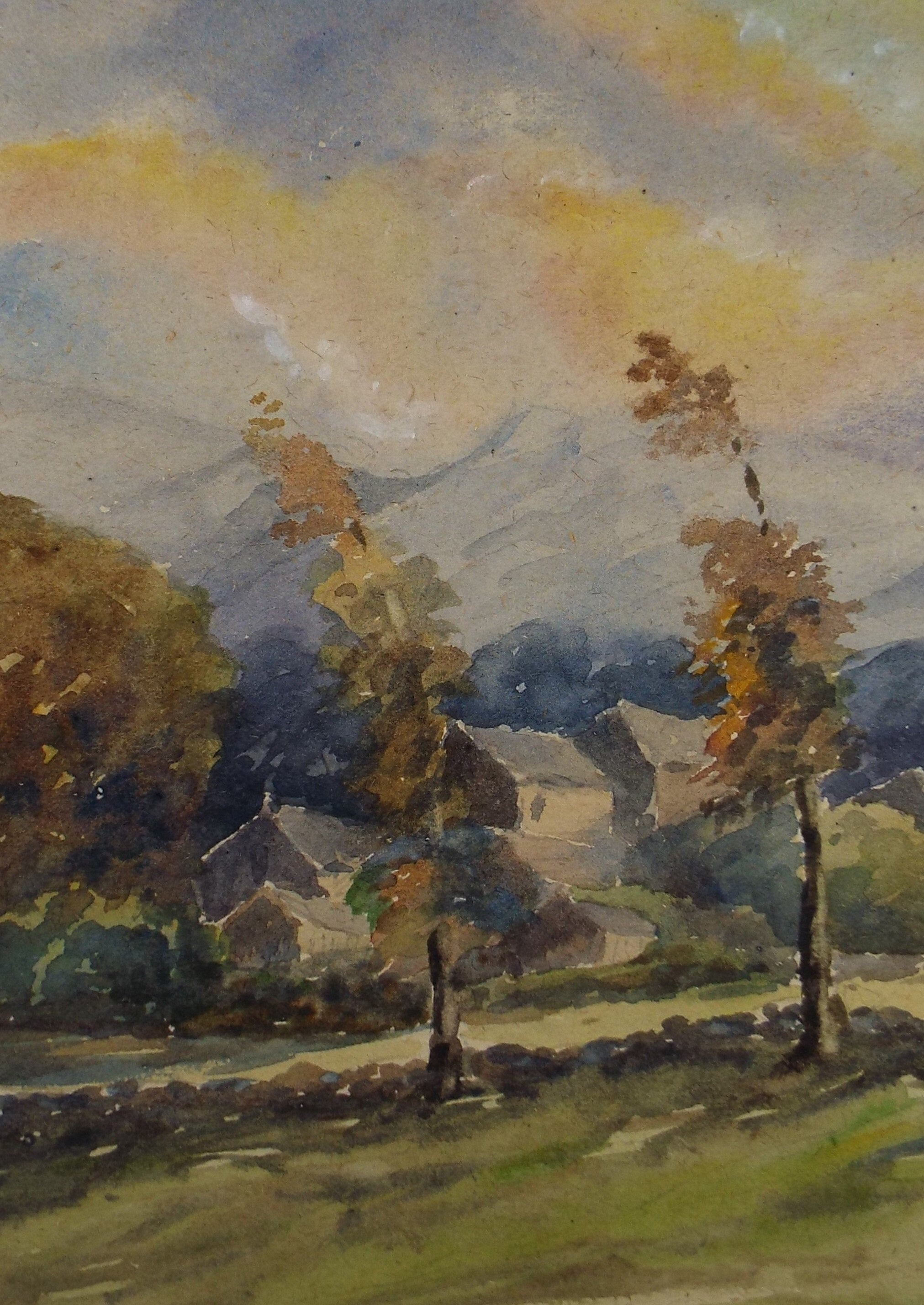 Original Watercolour on Paper, 'Village Below the Hills with Trees', Early 20th Century, Artist Unknown