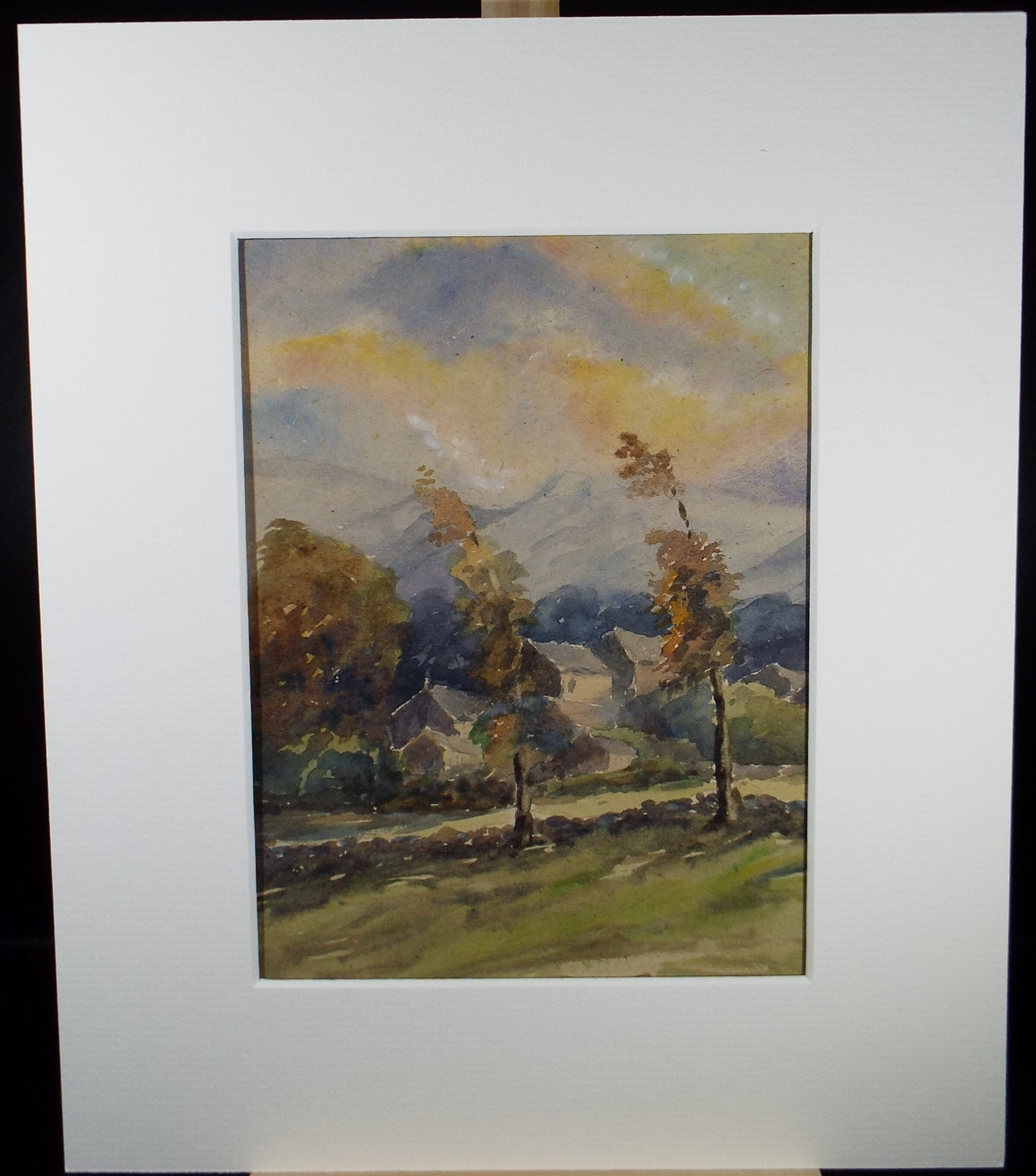 Original Watercolour on Paper, 'Village Below the Hills with Trees', Early 20th Century, Artist Unknown