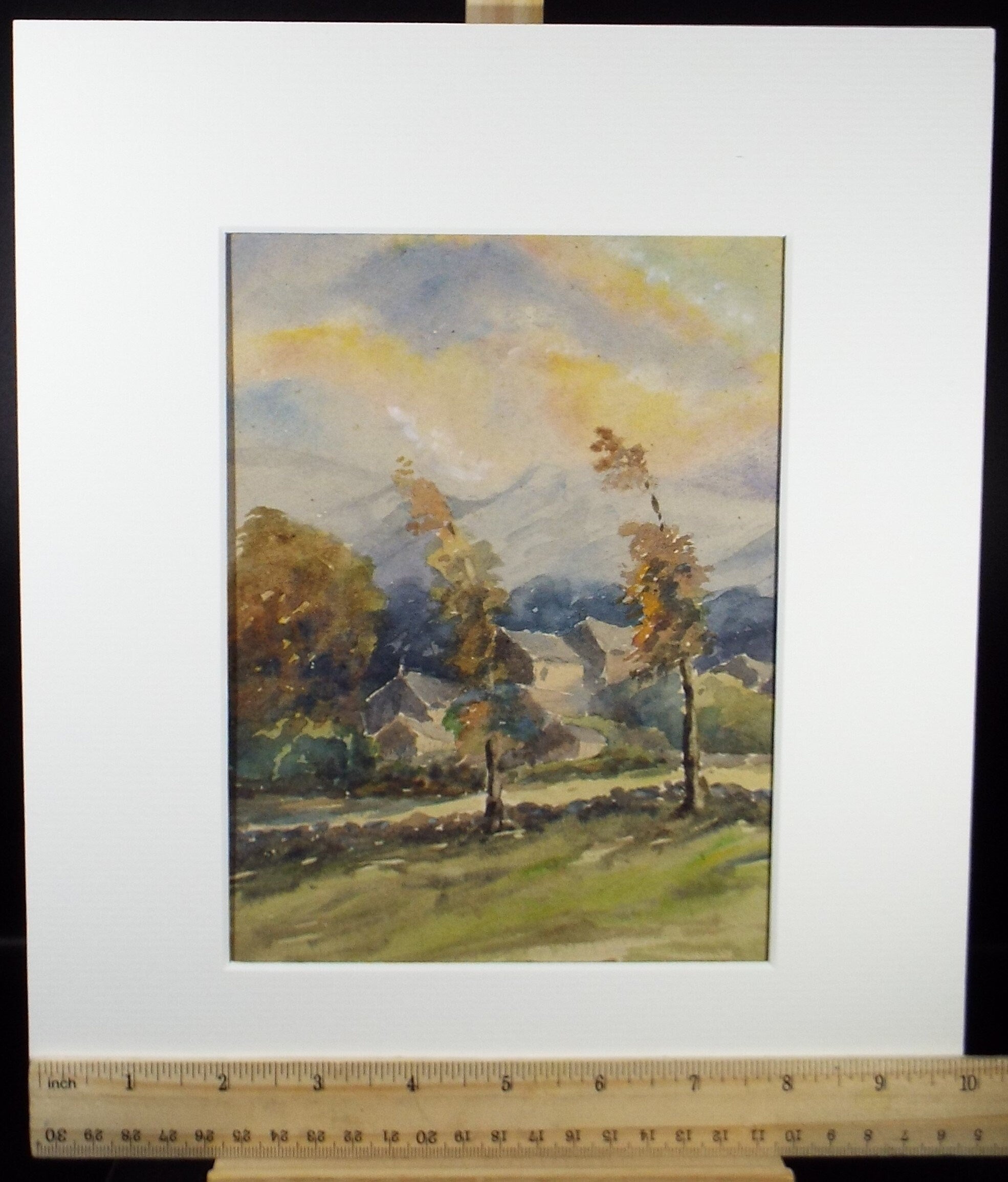 Original Watercolour on Paper, 'Village Below the Hills with Trees', Early 20th Century, Artist Unknown