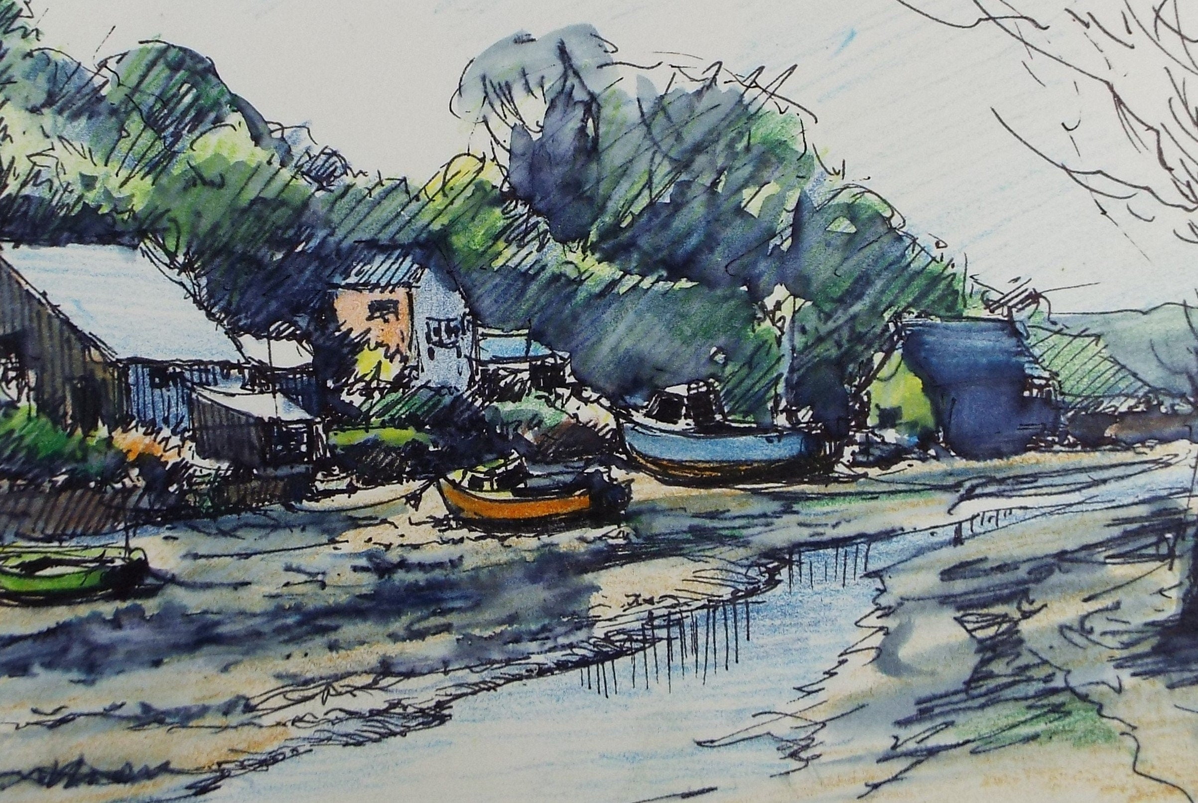 Original Pen & watercolour Drawing ,'Creek at low tide', Circa 1980's, Artist Unknown