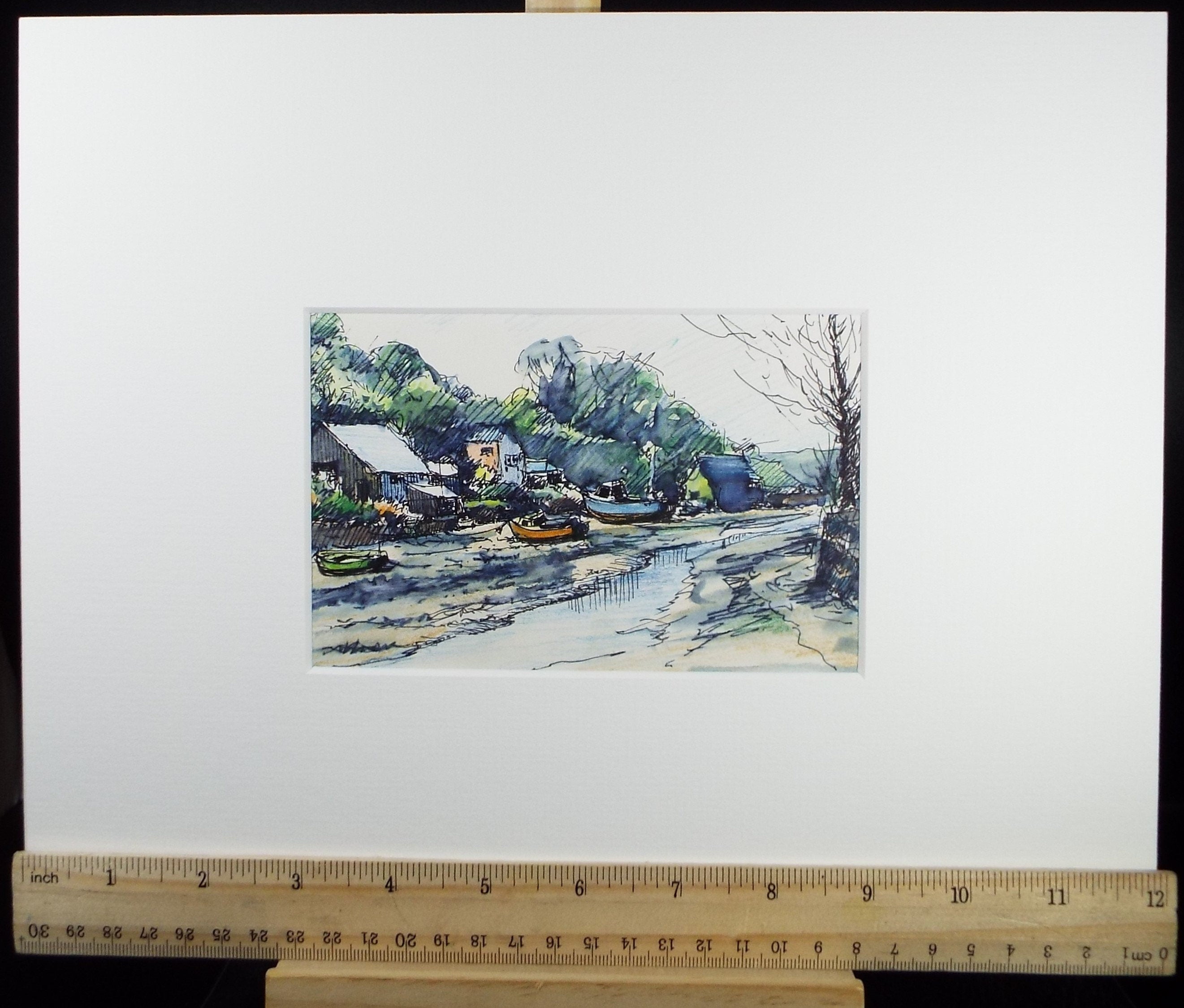 Original Pen & watercolour Drawing ,'Creek at low tide', Circa 1980's, Artist Unknown