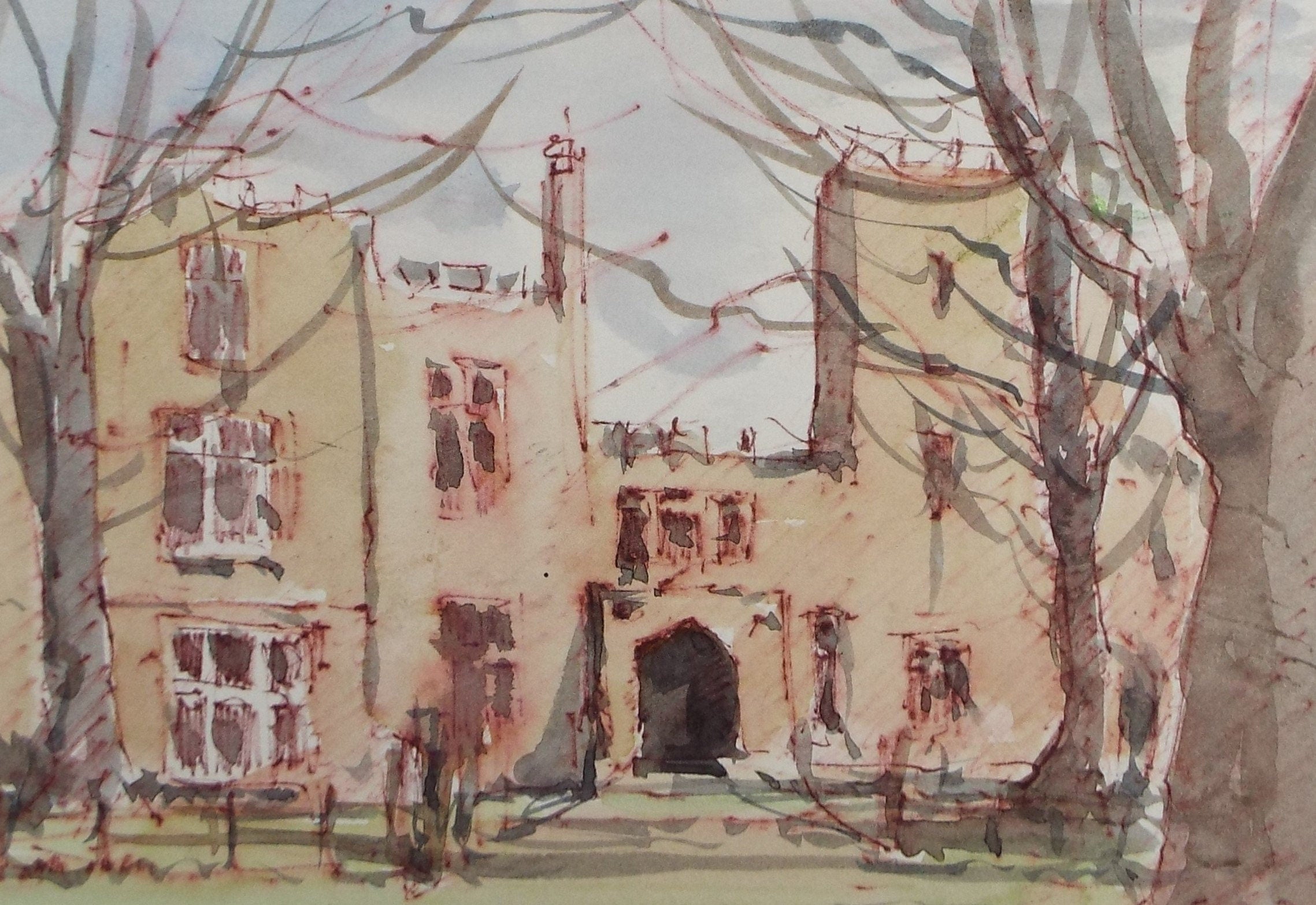 Original Pen & Watercolour,'Country House', Circa 1980's, Artist Unknown