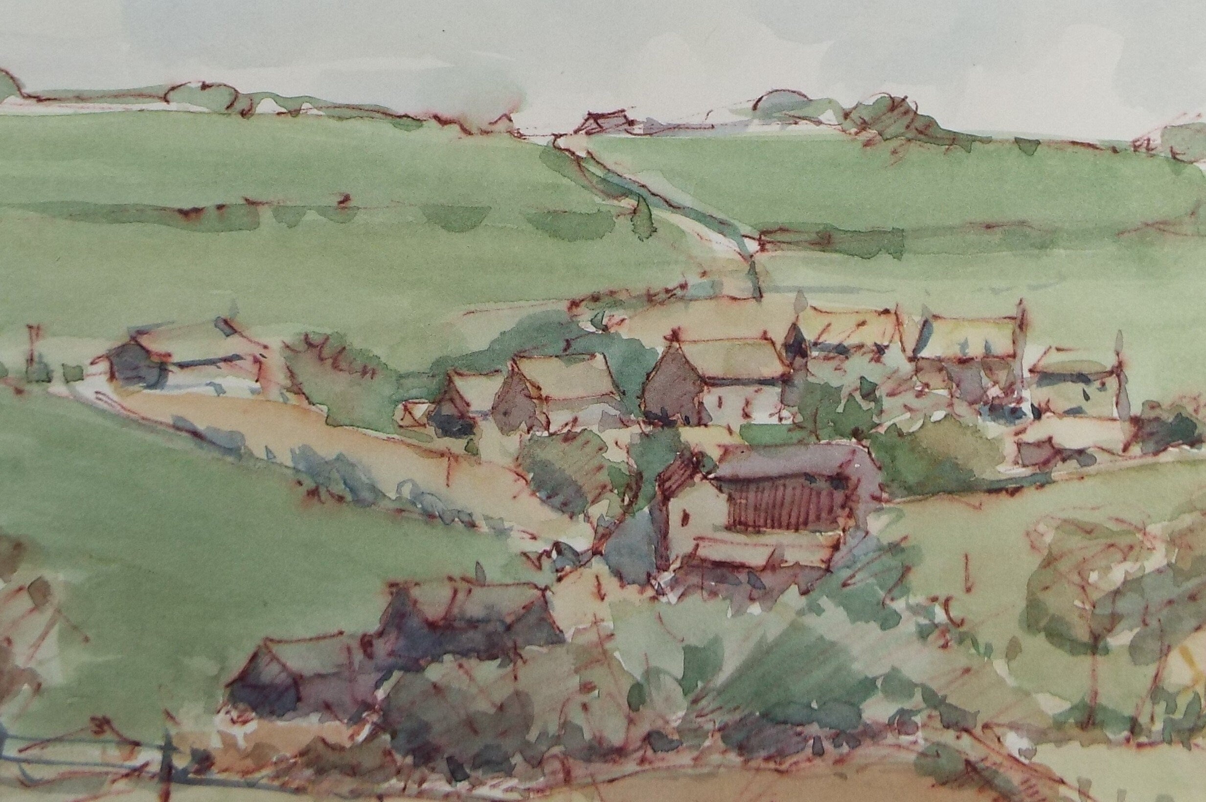 Original Watercolour Drawing, 'Rural Village', c1980's, Artist Unknown