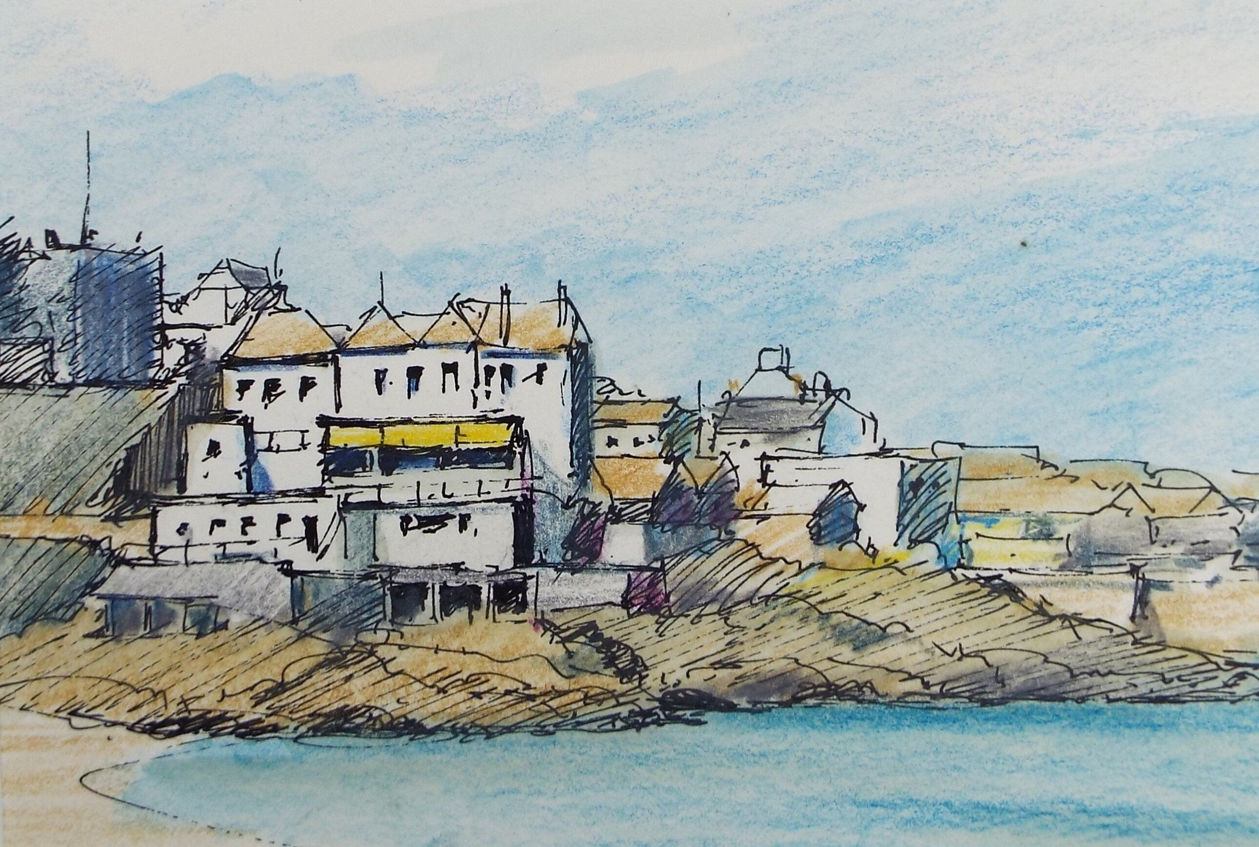 Original Pencil Drawing 'Coastal Town', Circa 1980's ,Artist Unknown