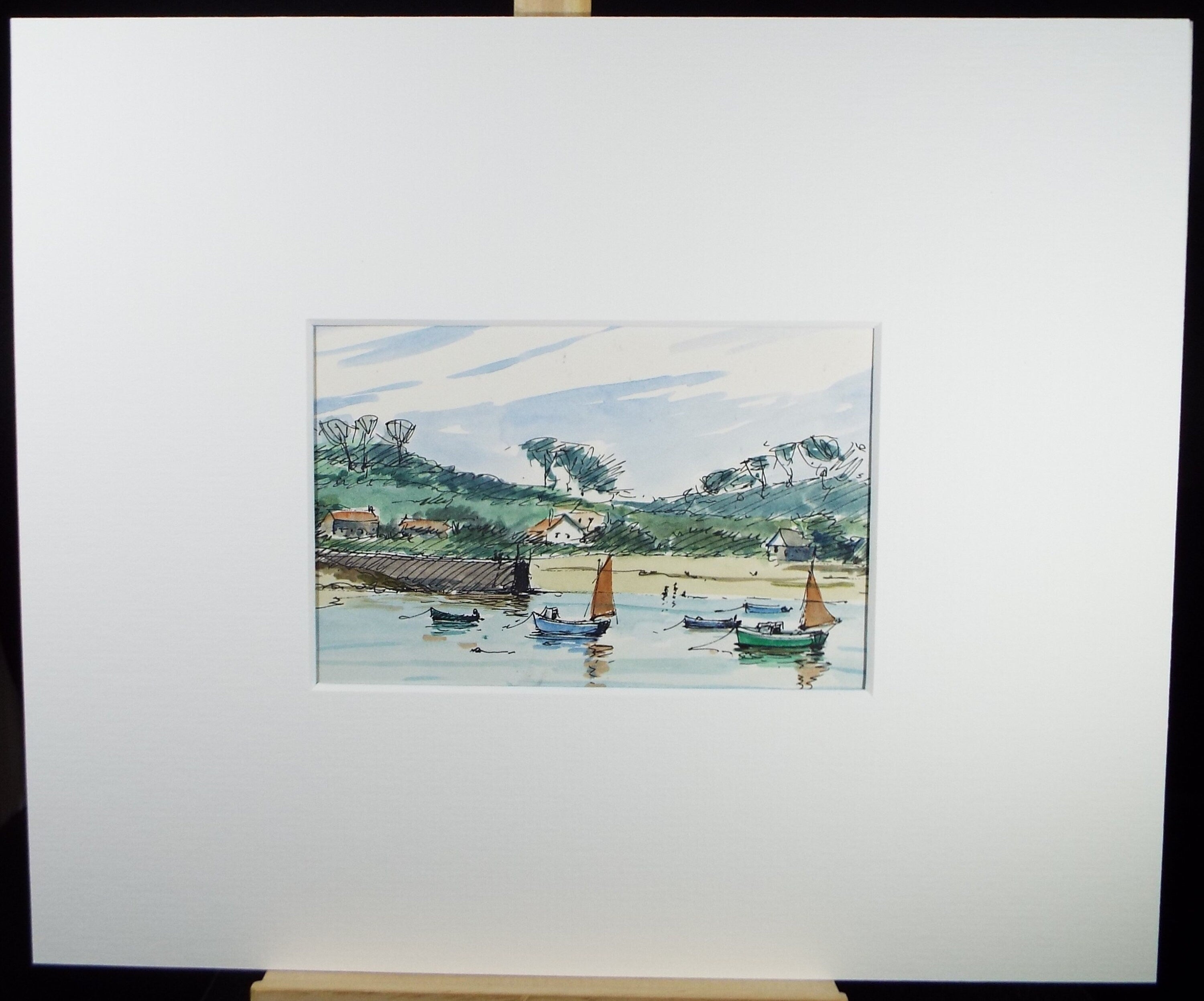 Original Watercolour Drawing ,'Moored Boats', Circa 1980's, Artist Unknown