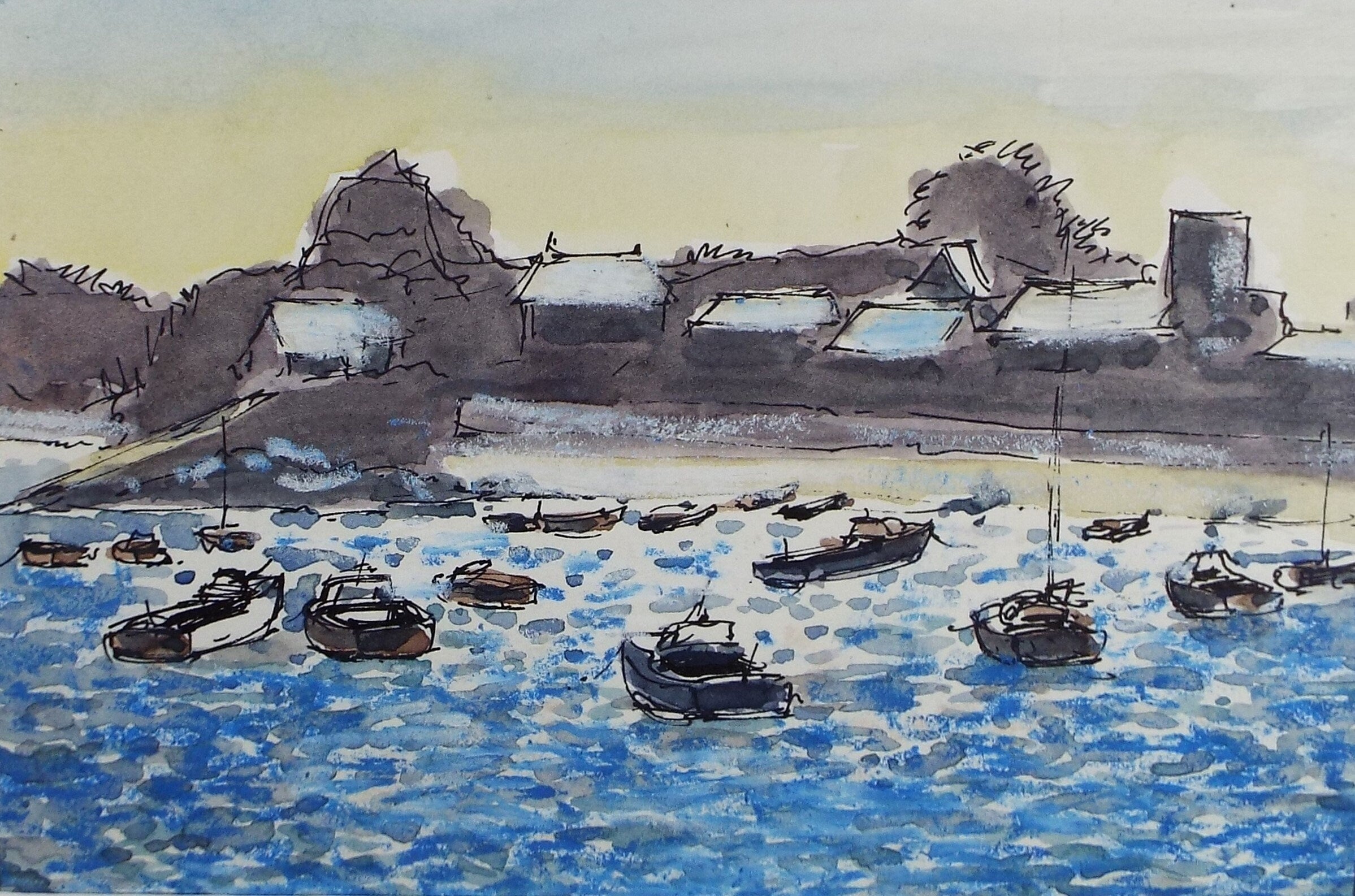 Original Watercolour Drawing ,'Moored Boats', Circa 1980's, Artist Unknown