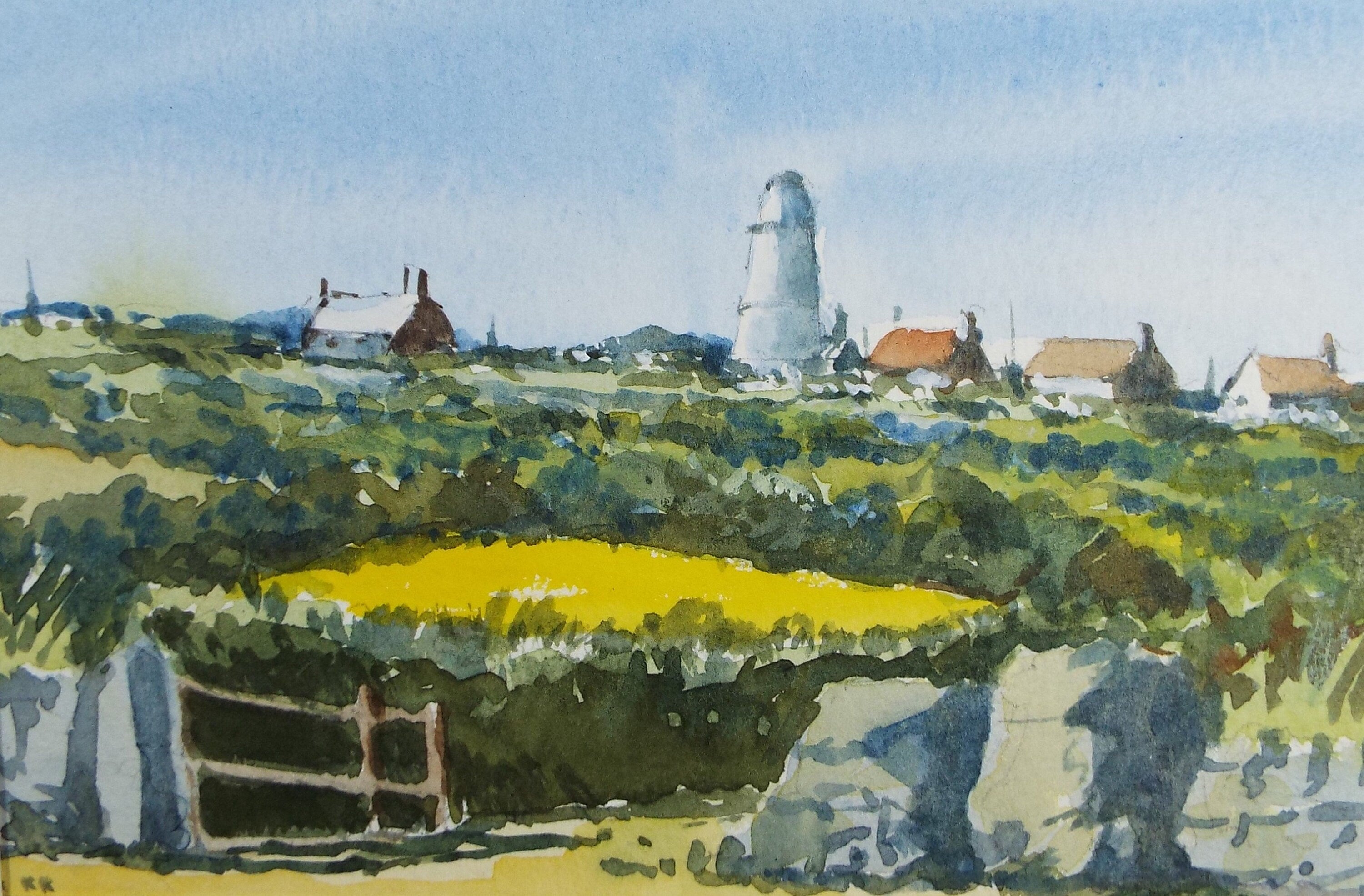 Original Watercolour Drawing, 'Village with Windmill', c1980's, Artist Unknown