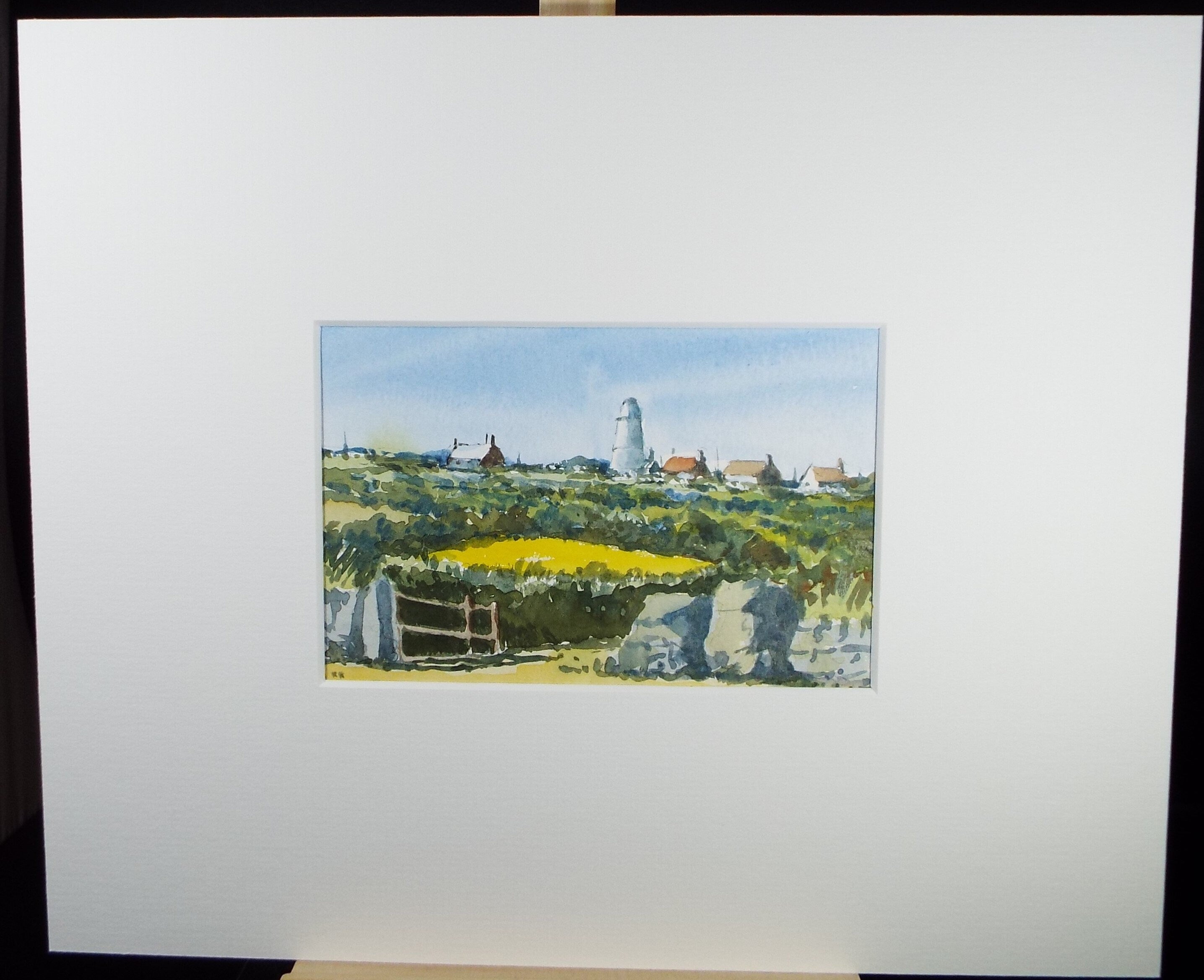 Original Watercolour Drawing, 'Village with Windmill', c1980's, Artist Unknown