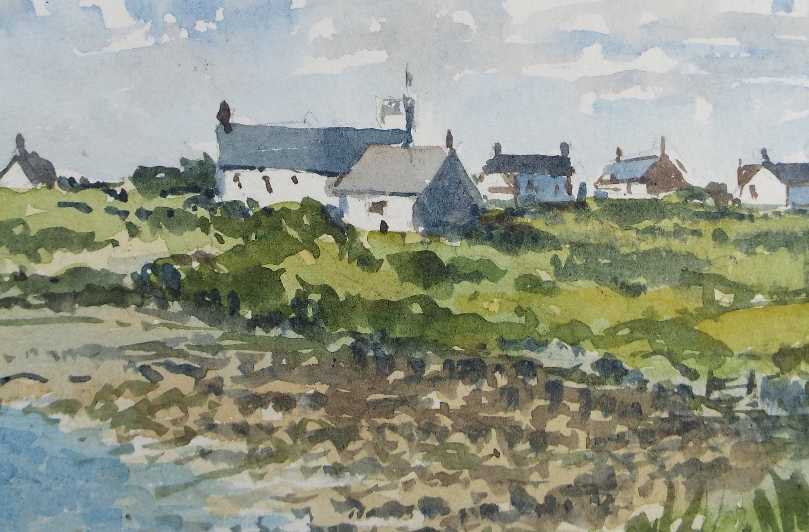 Original Watercolour Drawing 'Coastal Village', Circa 1980's ,Artist Unknown