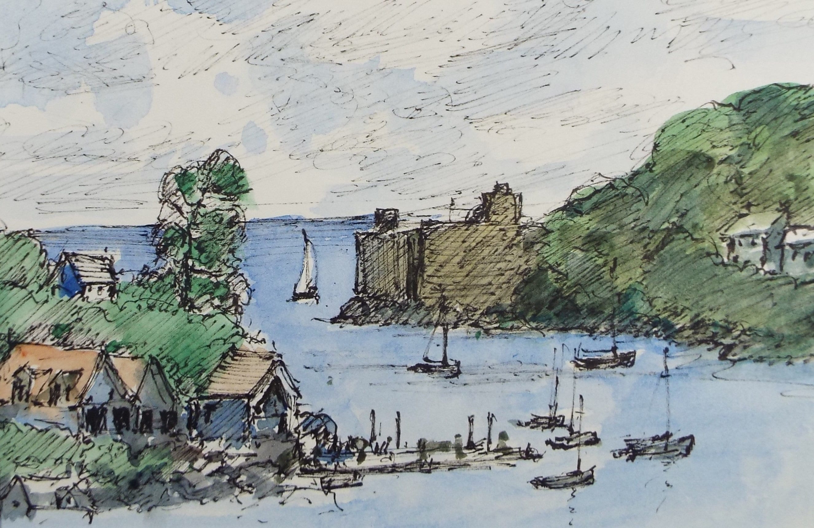 Original Pen & watercolour Drawing ,'River Estuary', Circa 1980's, Artist Unknown