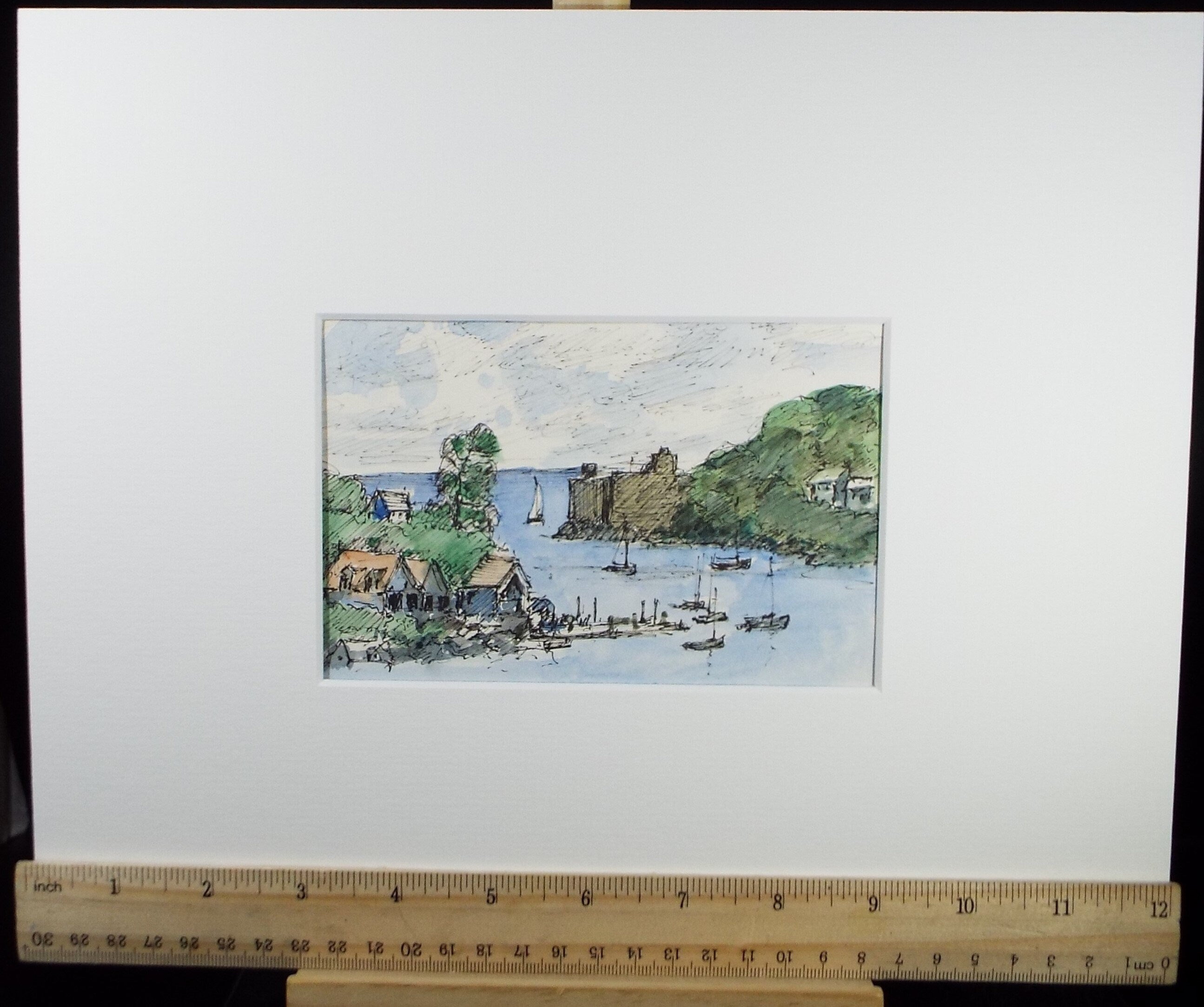 Original Pen & watercolour Drawing ,'River Estuary', Circa 1980's, Artist Unknown