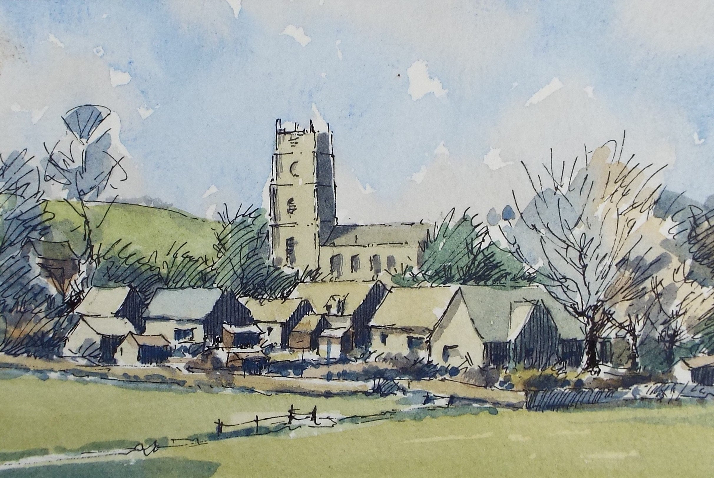 Original Watercolour Drawing, 'Rural Village with Church', c1980's, Artist Unknown