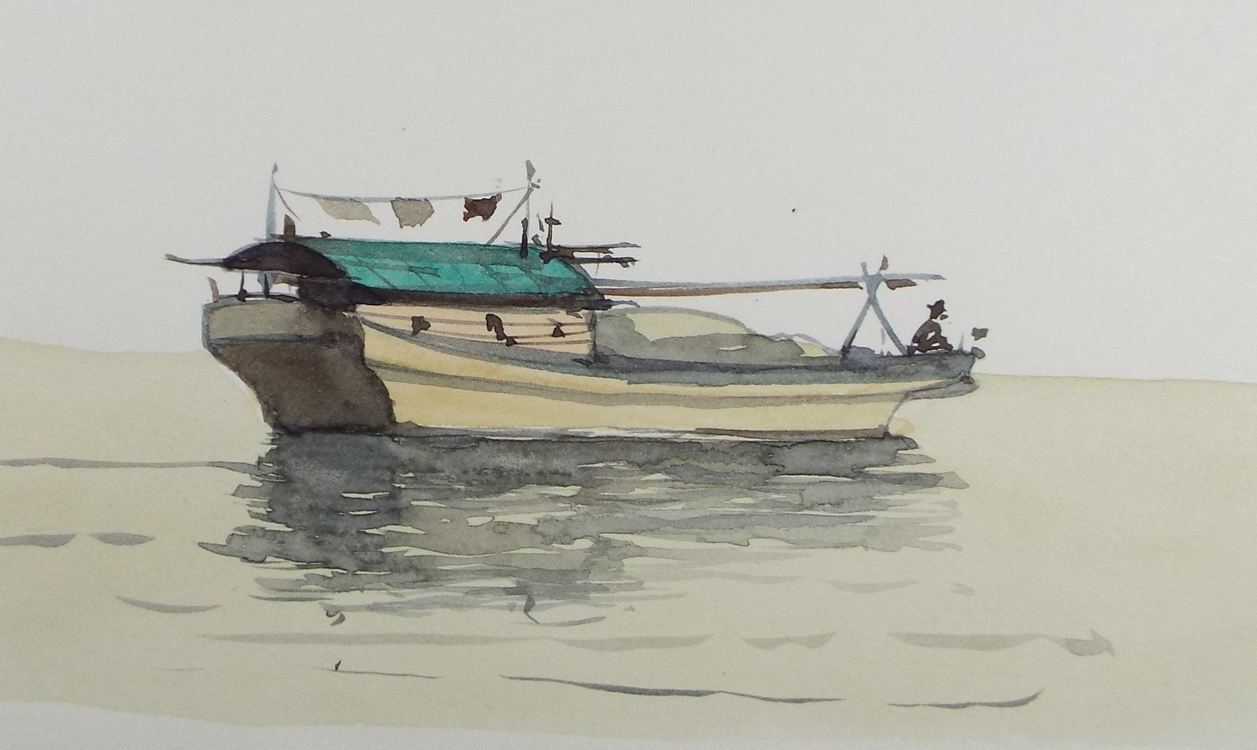 Original Watercolour Drawing ,'Sampan', Circa 1980's, Artist Unknown