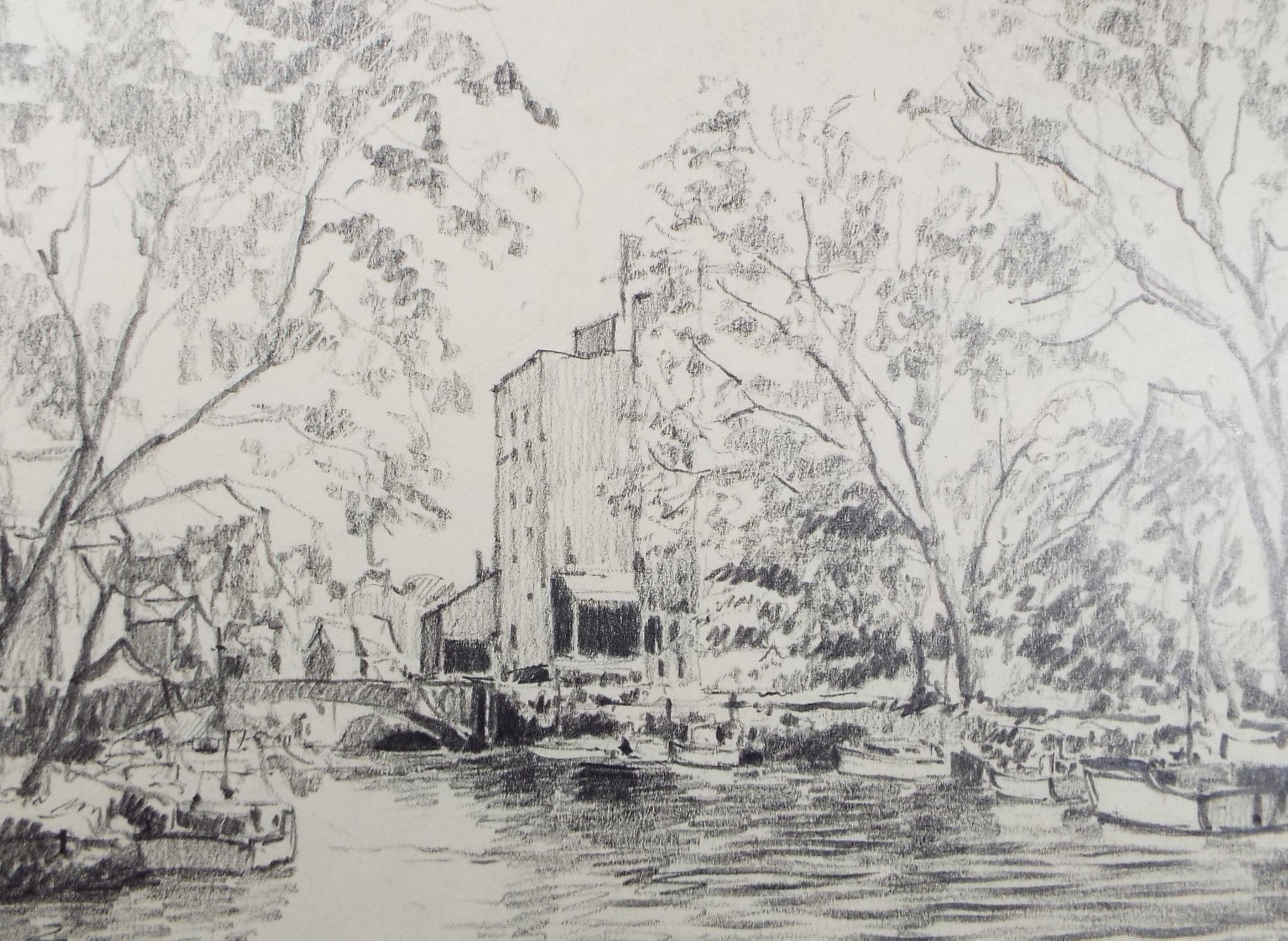 Original Pencil Drawing, 'River through the town', circa 1990's , Artist Unknown