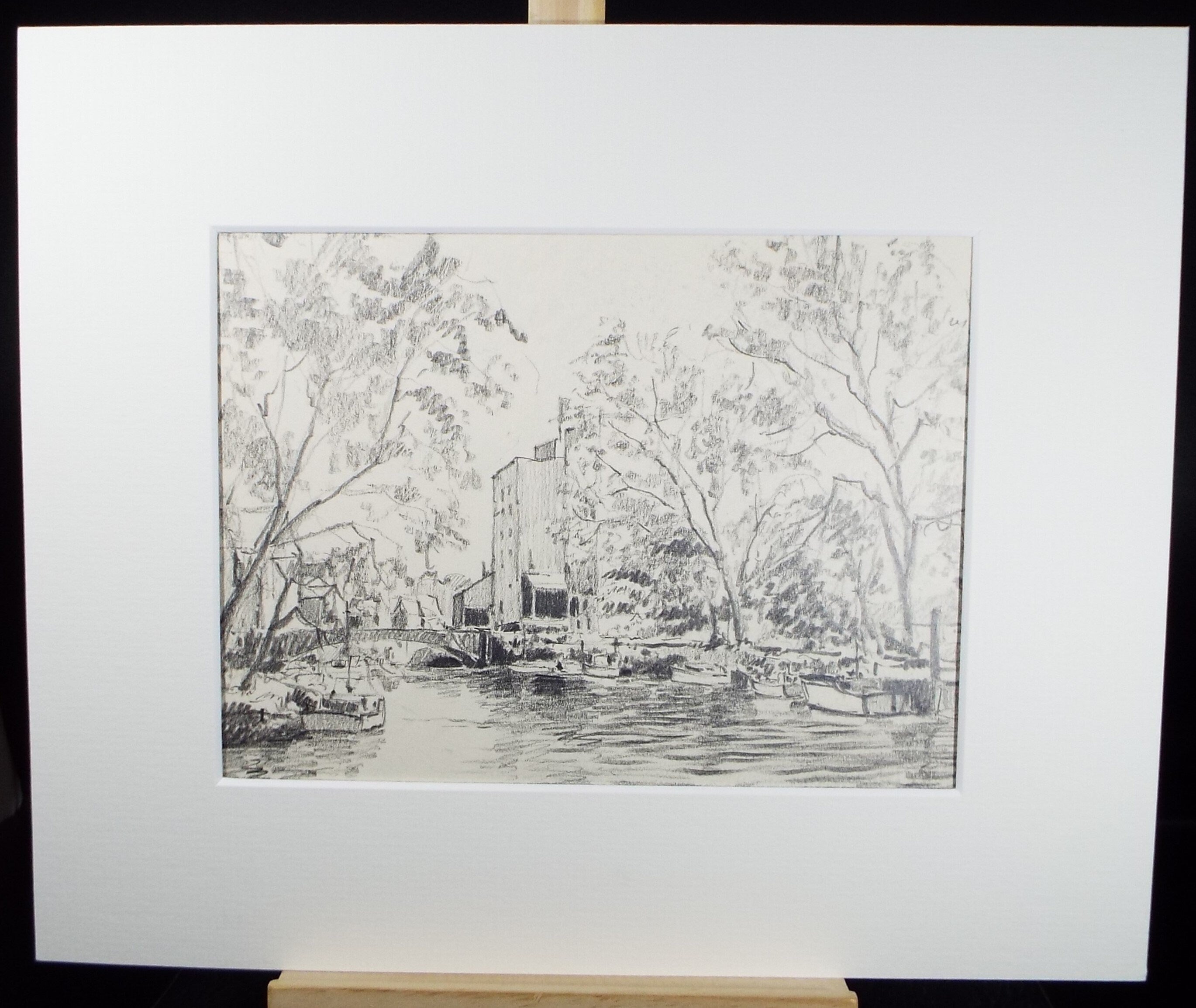 Original Pencil Drawing, 'River through the town', circa 1990's , Artist Unknown