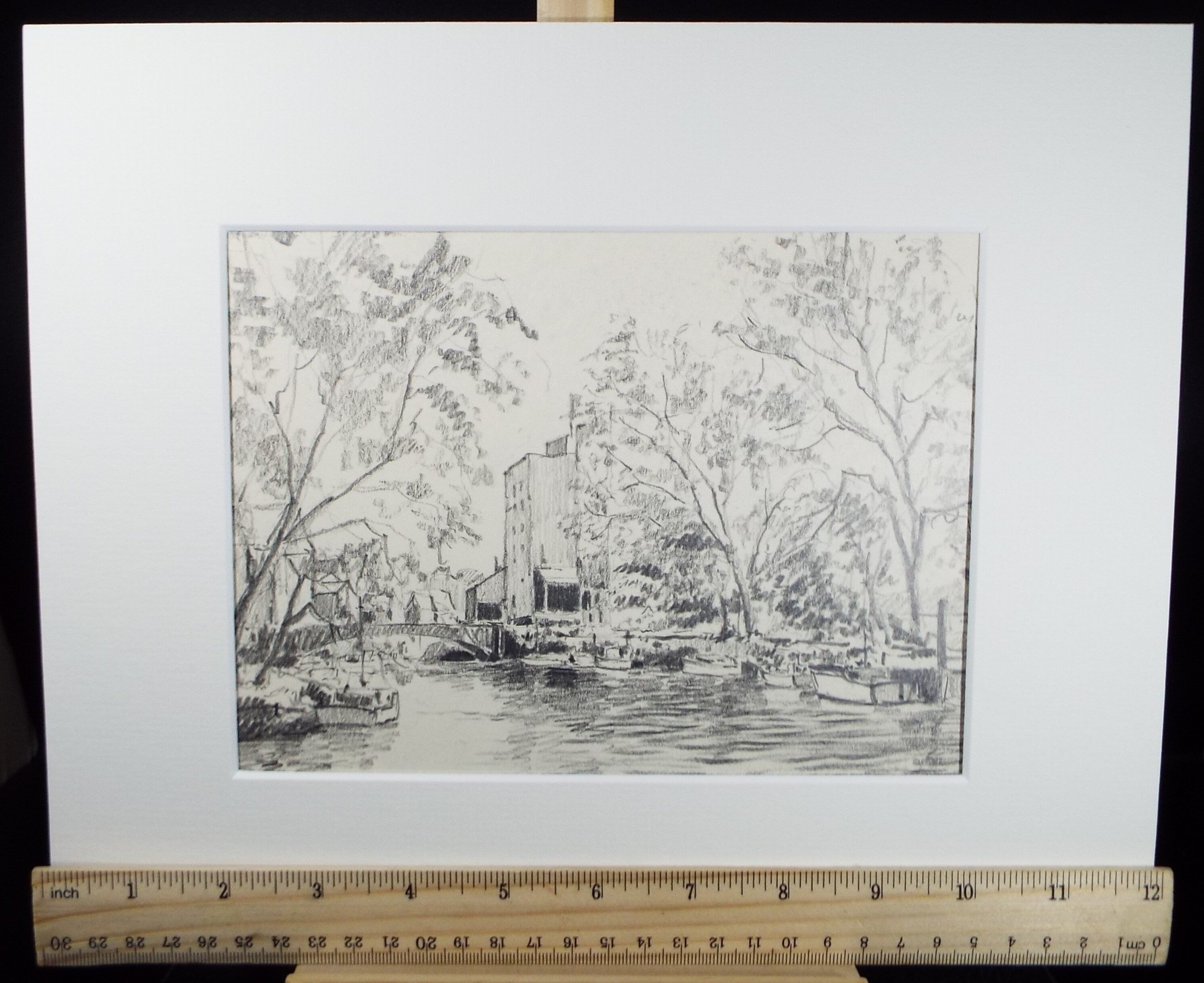 Original Pencil Drawing, 'River through the town', circa 1990's , Artist Unknown