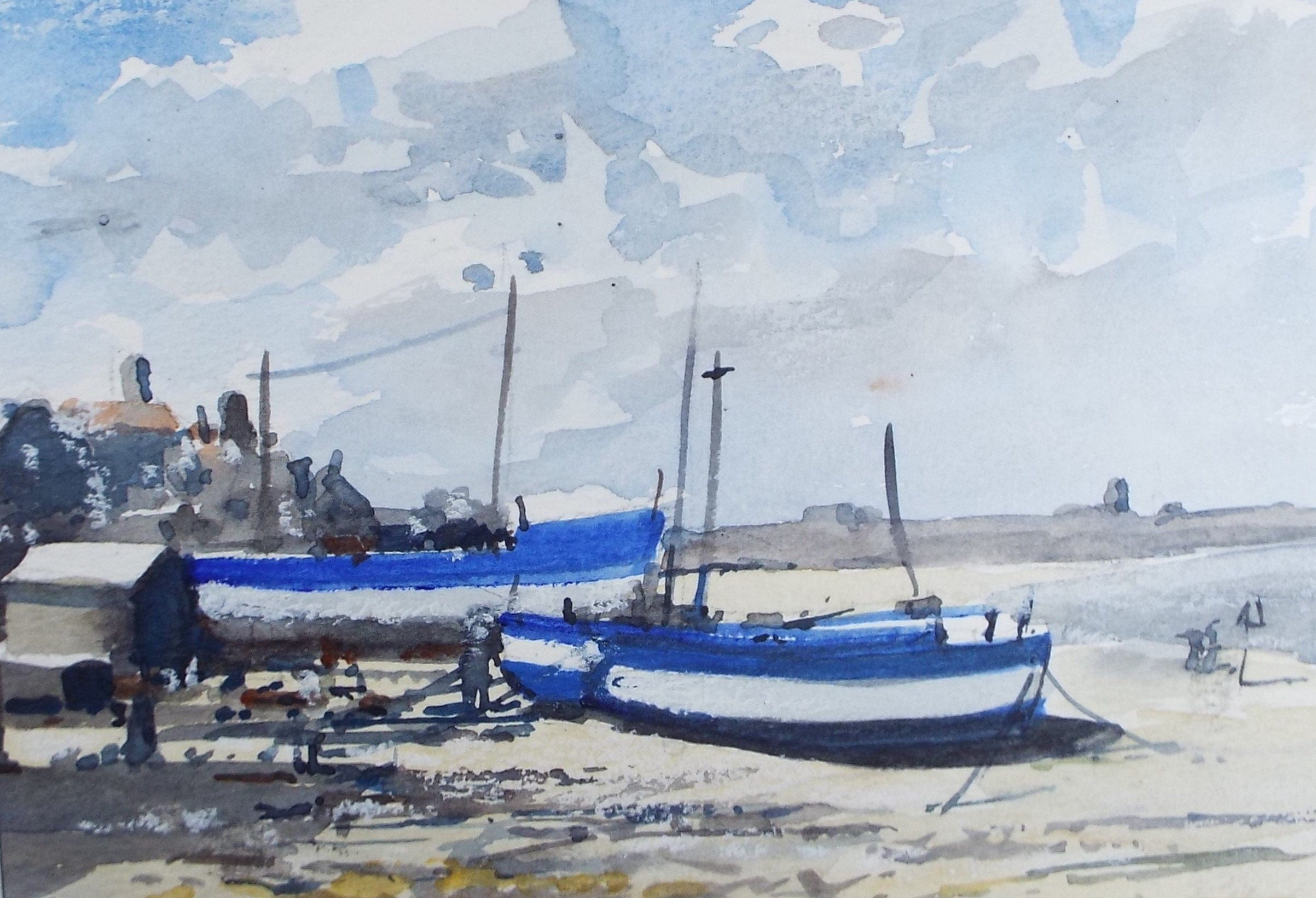 Original Watercolour, 'Boats on the Shore',circa 1990's, Artist Unknown