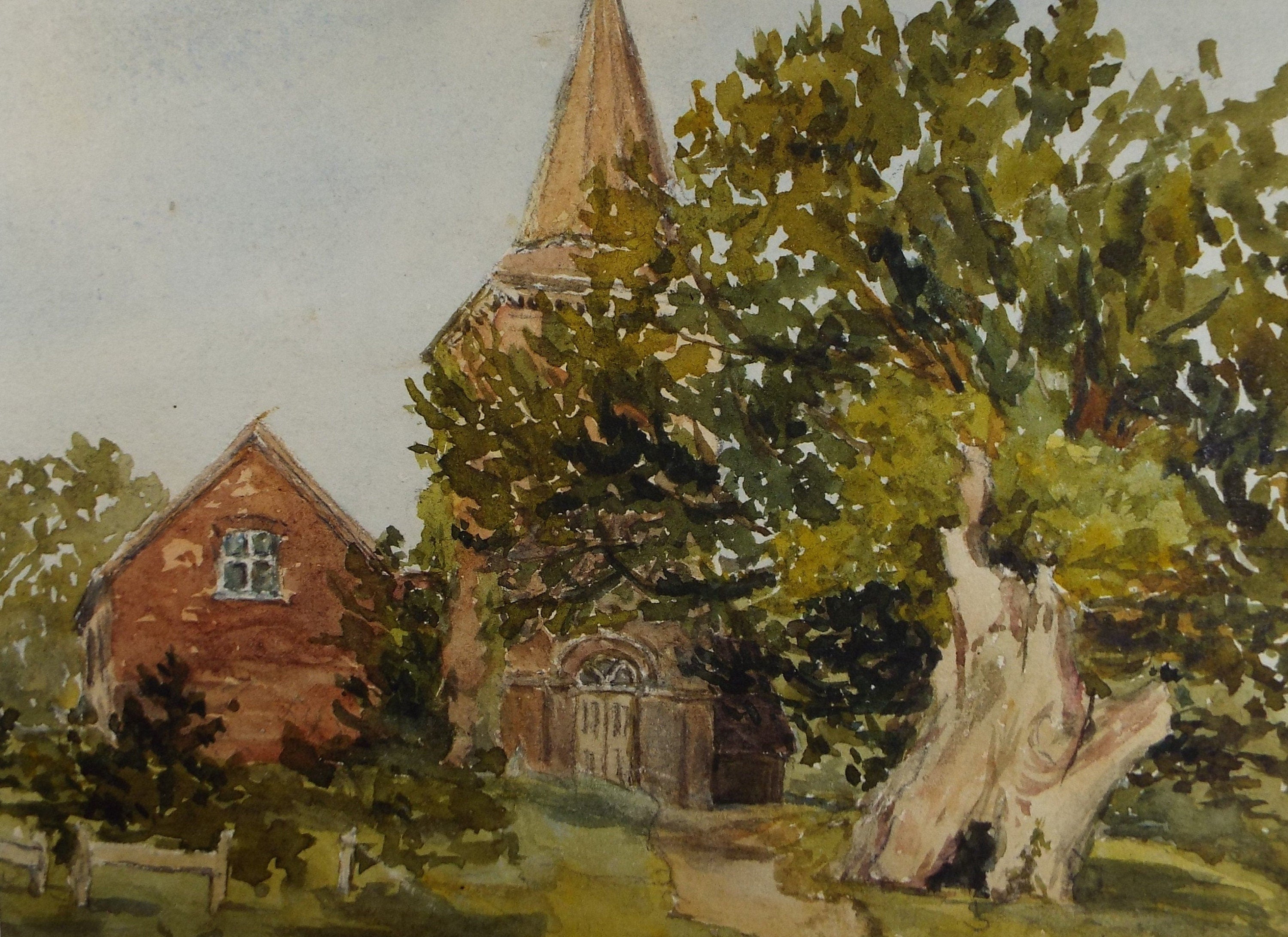 Original Watercolour, 'Green fields church beyond', Late 19th Century