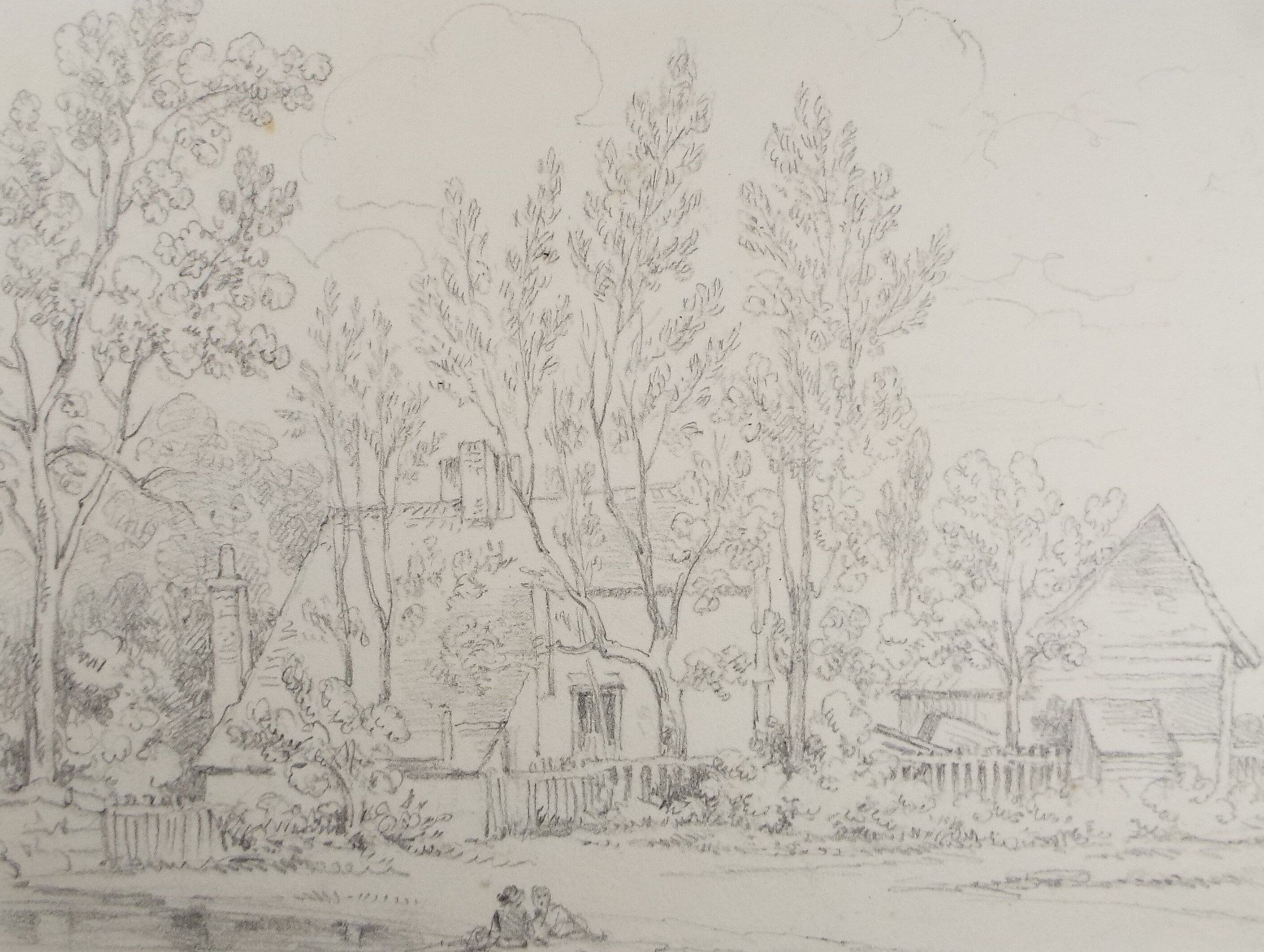 Original Pencil Drawing, 'Cottage with Child Figures', John Wood (1801-1870)