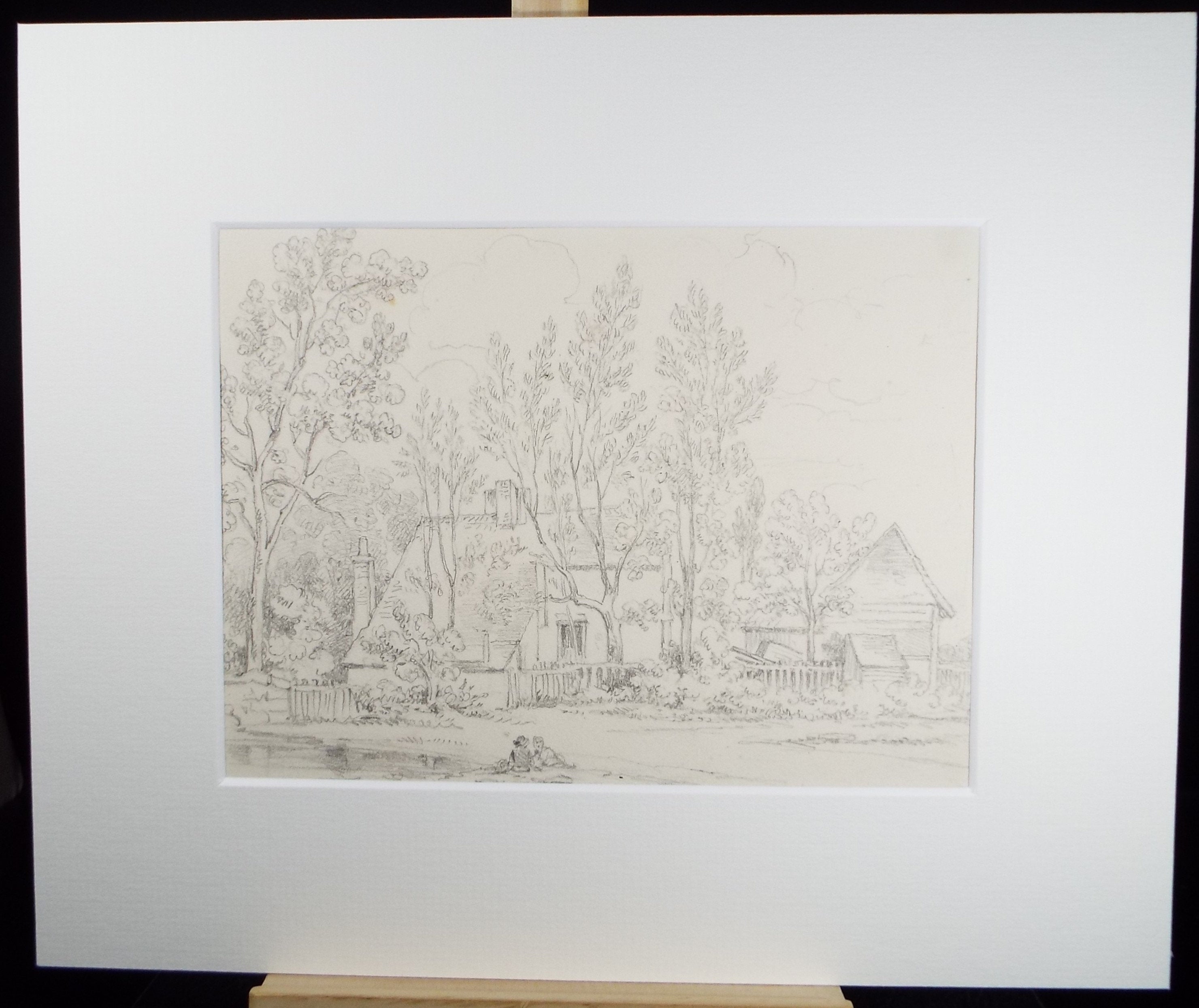 Original Pencil Drawing, 'Cottage with Child Figures', John Wood (1801-1870)