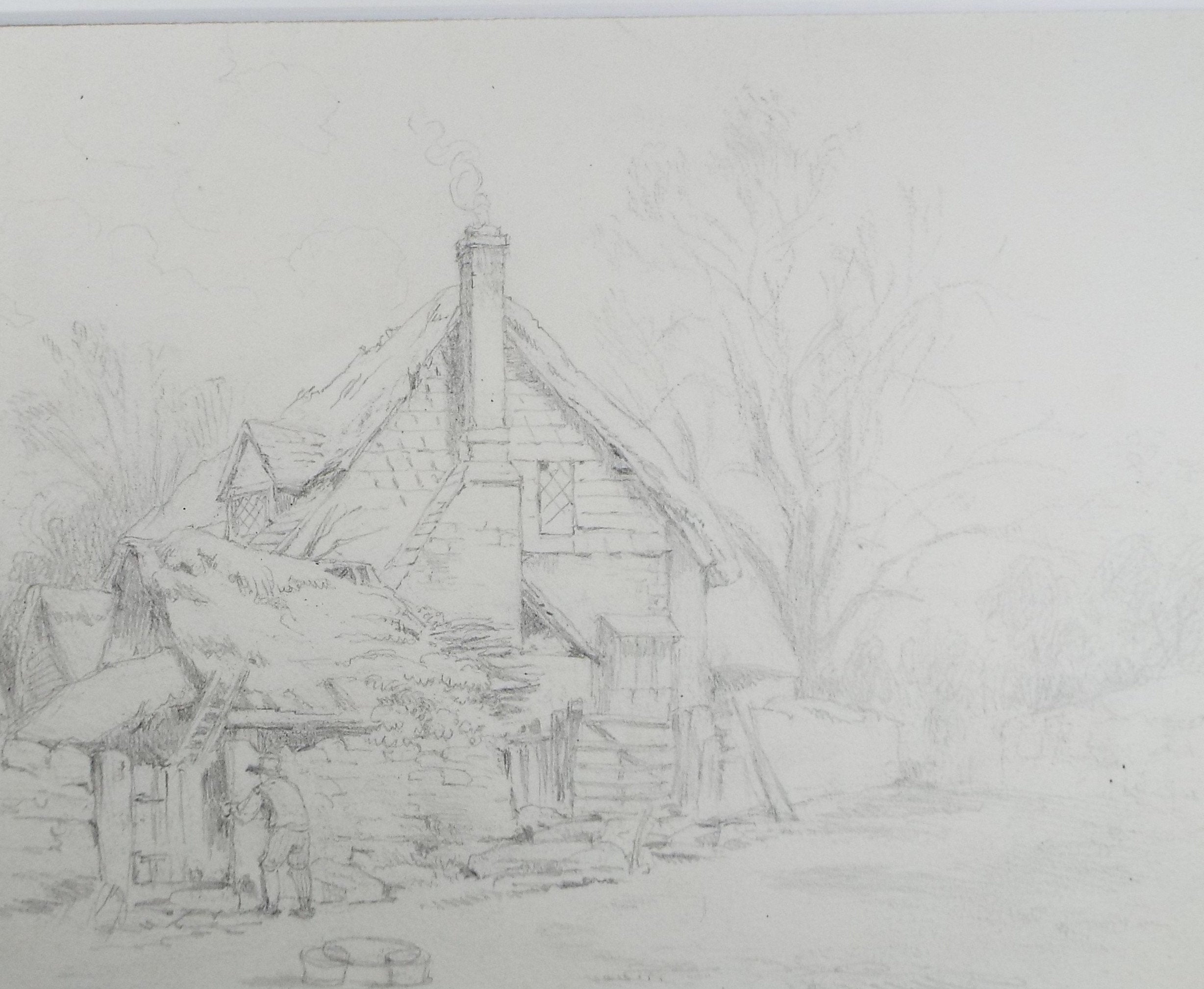 Original Pencil Drawing, 'Country Cottage with figure', John Wood (1801-1870)